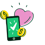 An illustration of a smartphone with money and a heart.