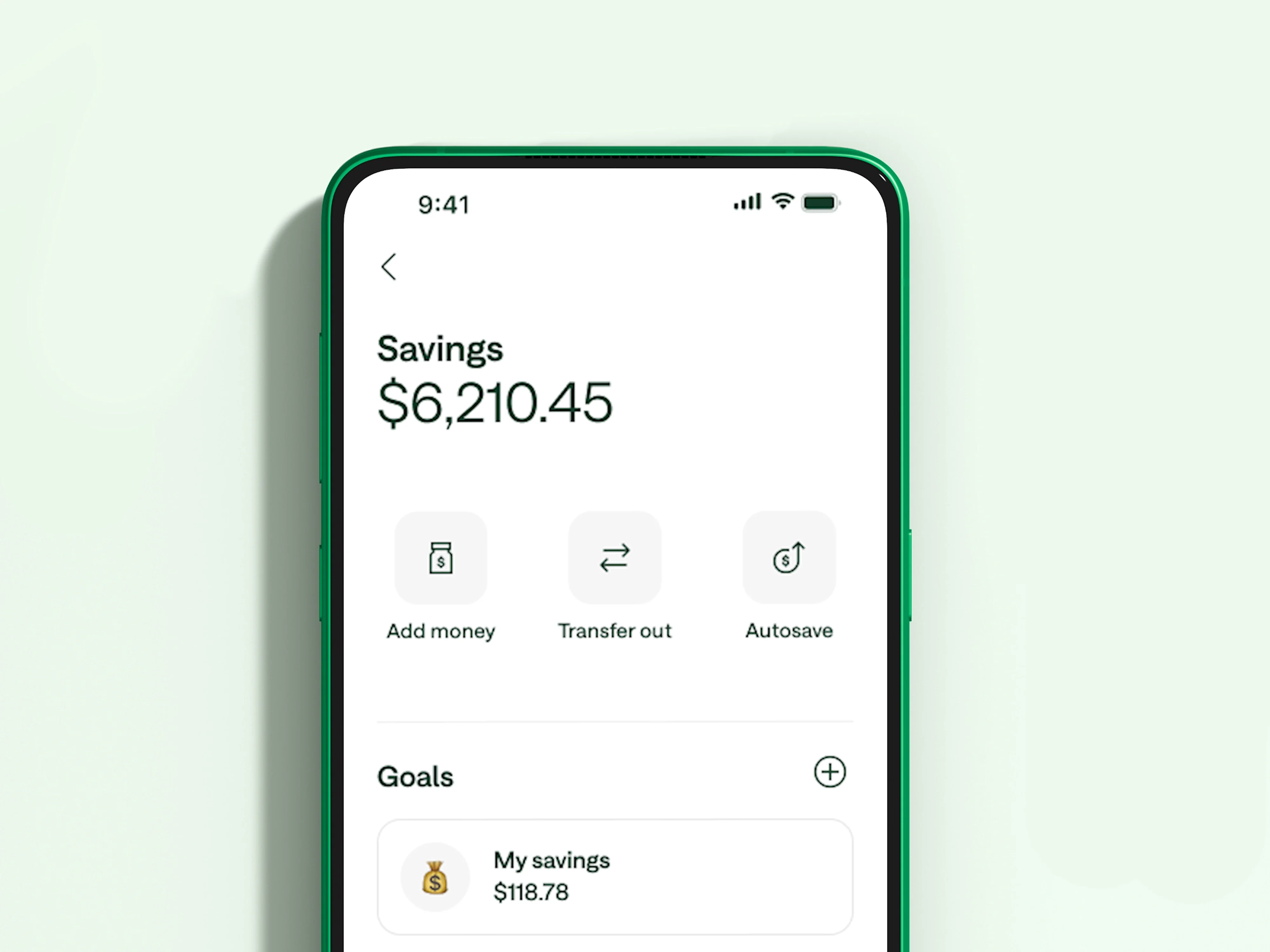 Chime app screen showing $6,210.45 in savings and savings goals listed below.