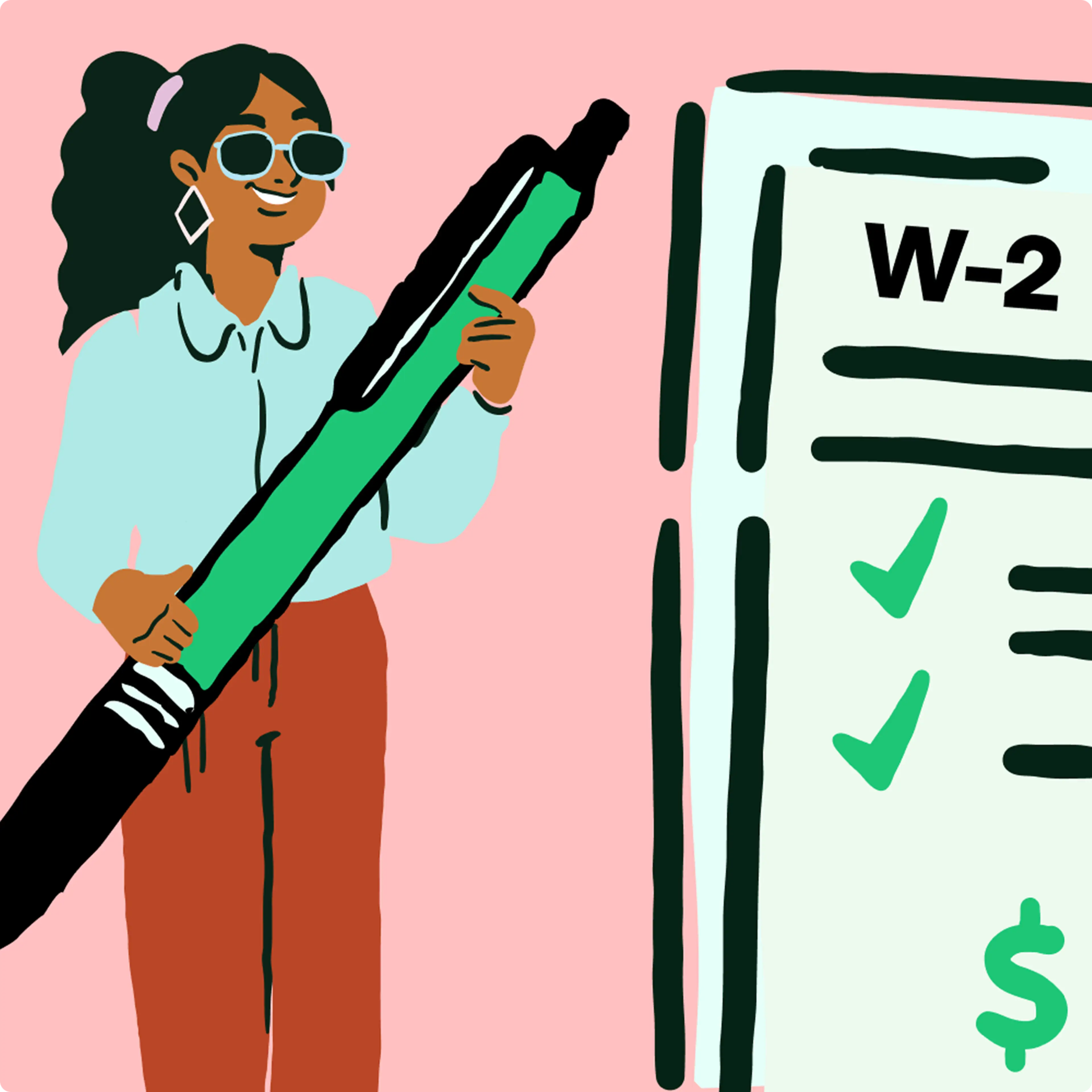 An illustration of someone holding a pen and checking off a W-2 checklist.