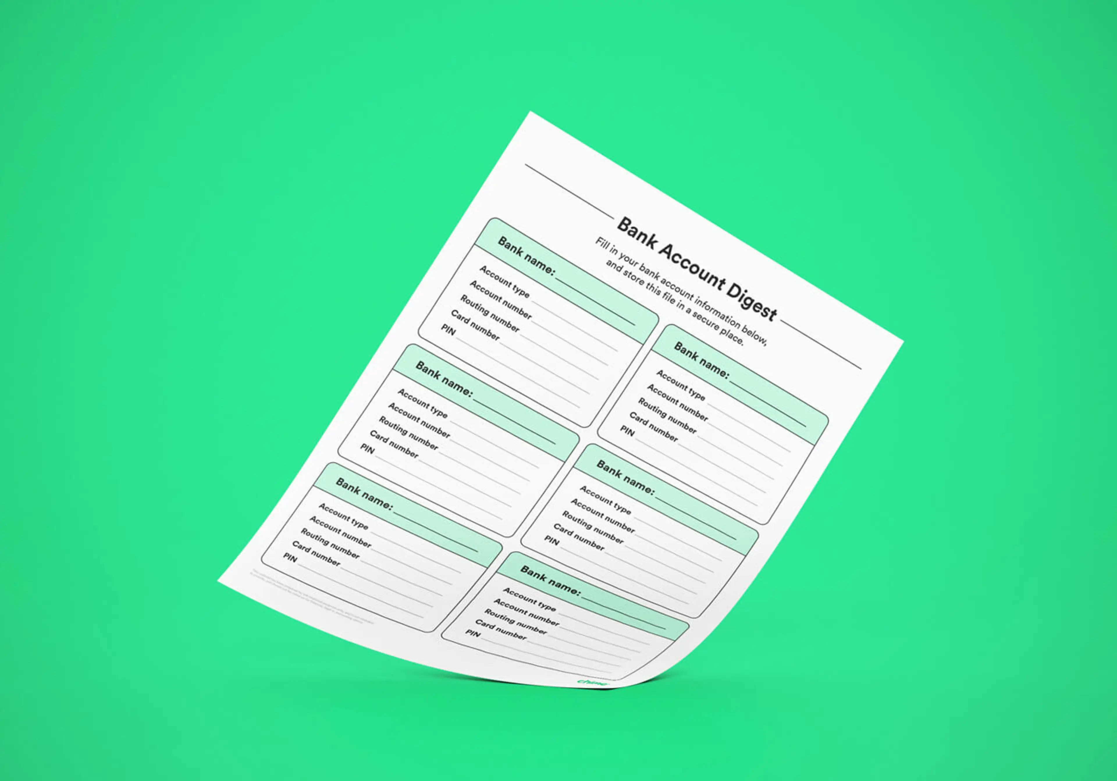 A mockup photo shows a printable bank account tracker.