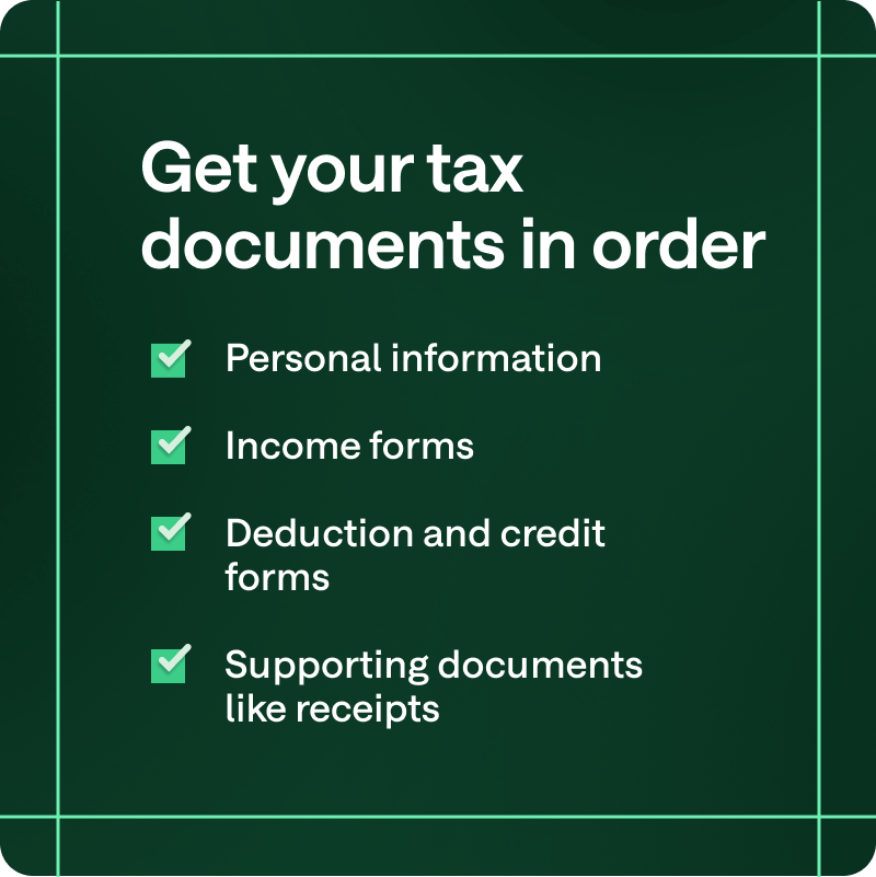 Checklist summarizing key tax documents and information: personal information, income forms, deduction and credit forms, and supporting documents like receipts.