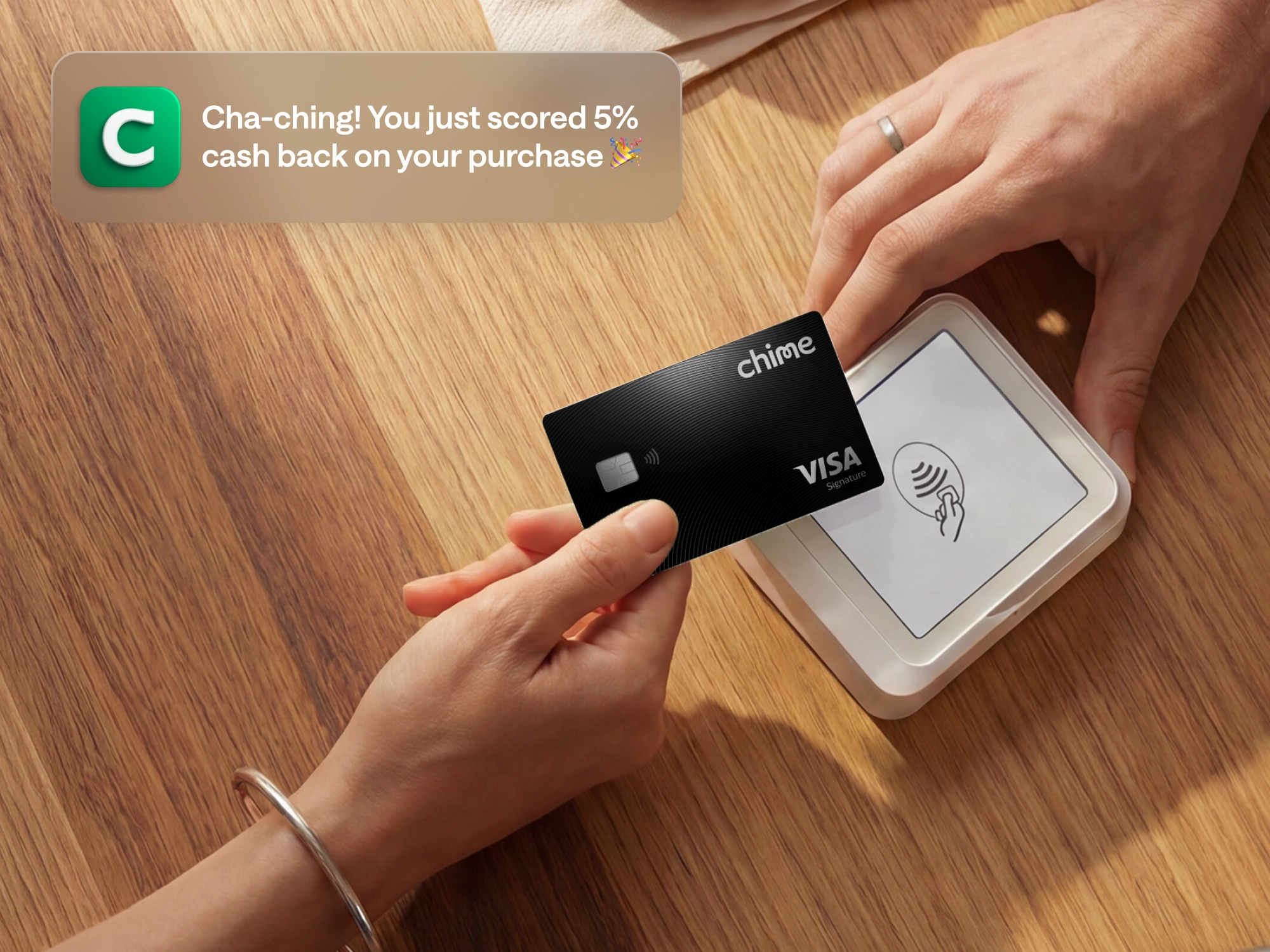 A hand taps a black Chime Visa card on a payment reader, with a notification showing 5% cash back earned.