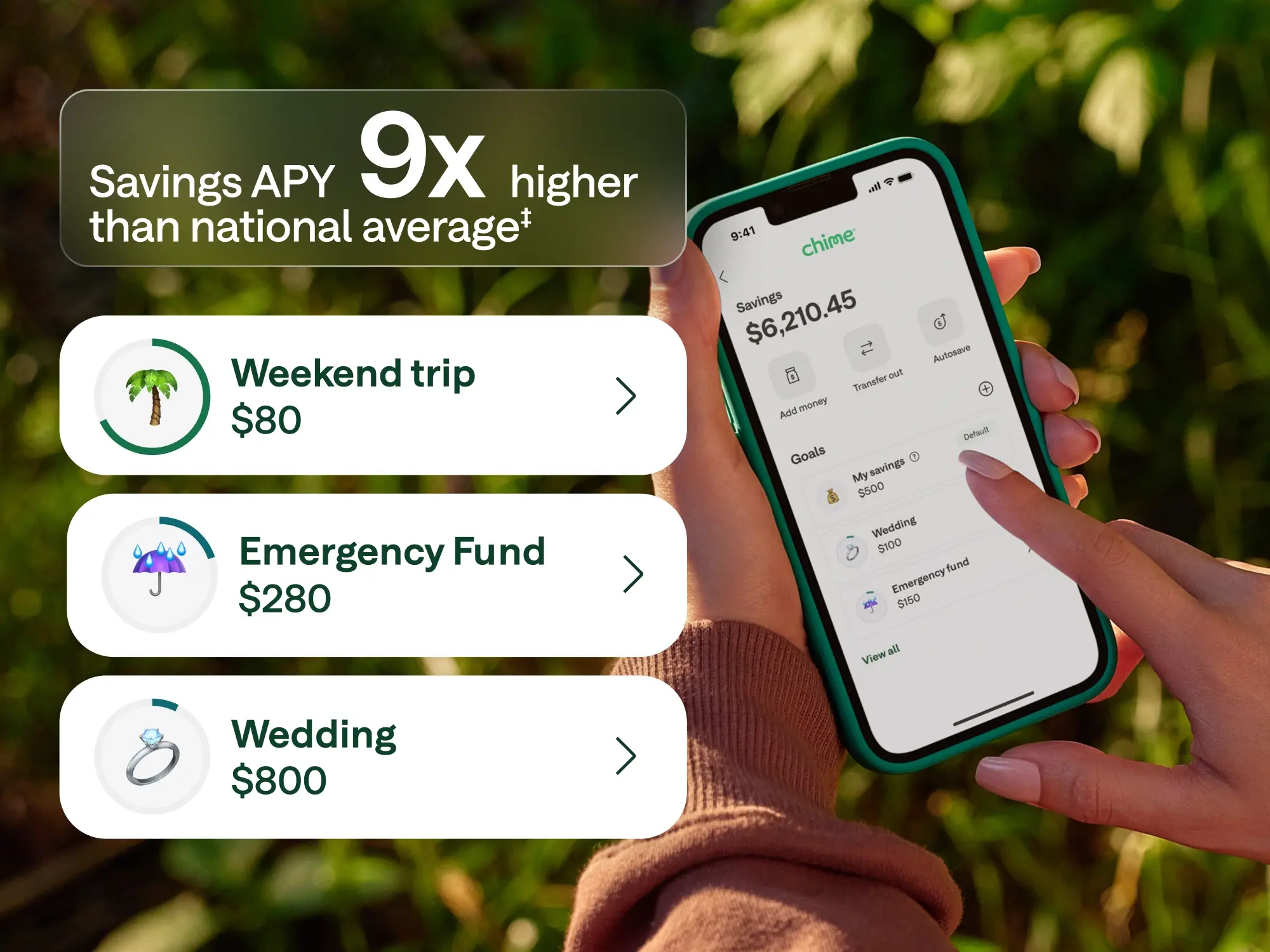 Close-up of a person holding a smartphone outdoors, showing the Chime app with a savings balance. The app displays categorized savings goals labeled “Weekend trip – $80,” “Emergency Fund – $280,” and “Wedding – $800.” A highlighted message at the top states, “Savings APY 7x higher than national average.”