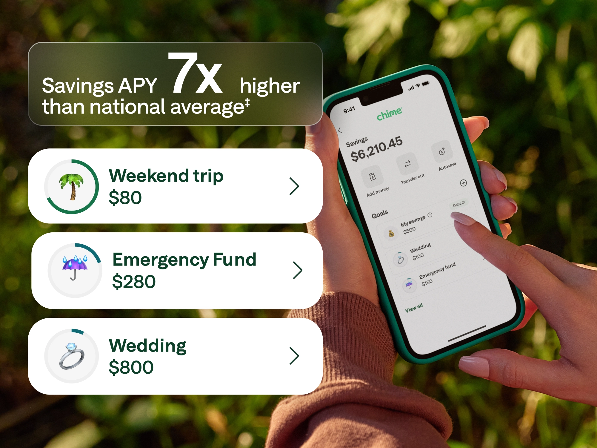 Close-up of a person holding a smartphone outdoors, showing the Chime app with a savings balance. The app displays categorized savings goals labeled “Weekend trip – $80,” “Emergency Fund – $280,” and “Wedding – $800.” A highlighted message at the top states, “Savings APY 7x higher than national average.”