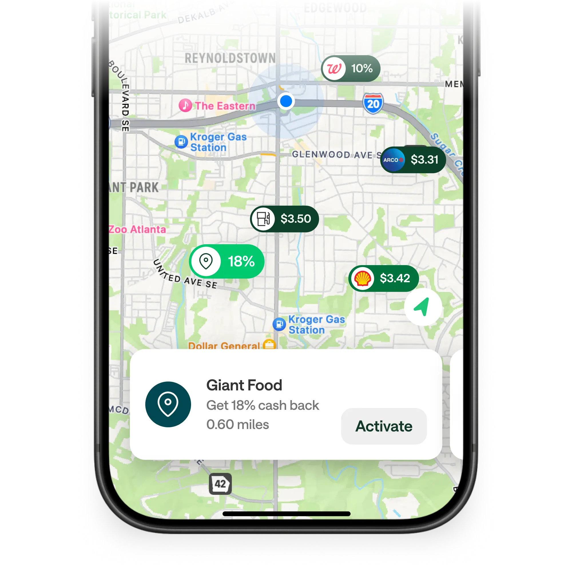 A smartphone displays a map app showing nearby stores with cash back offers and gas prices, with a Giant Food 18% offer card.