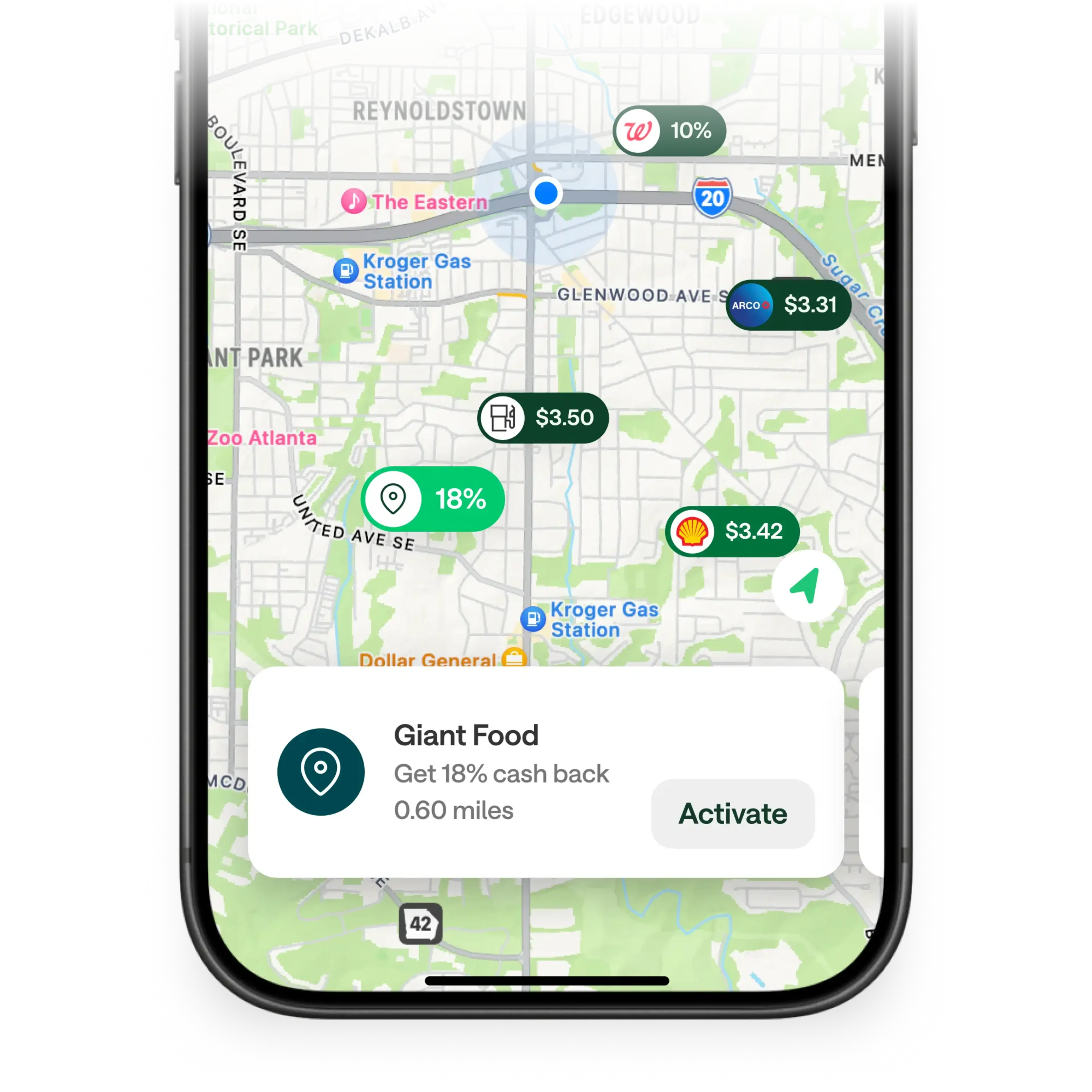 A smartphone displays a map app showing nearby stores with cash back offers and gas prices, with a Giant Food 18% offer card.