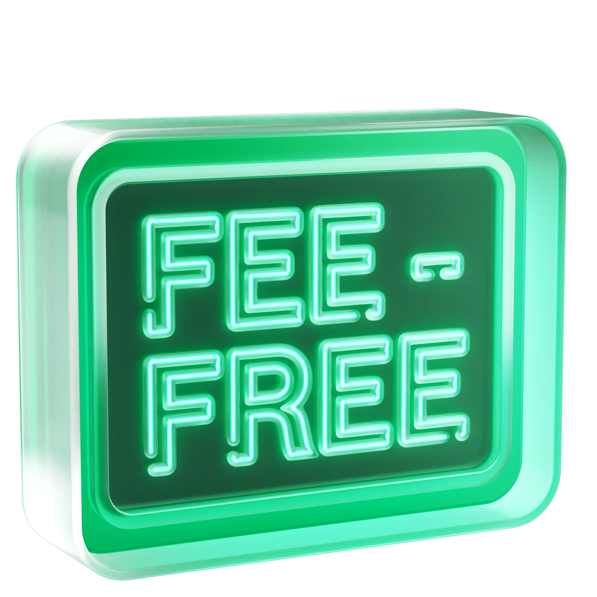 A glowing green neon sign reading "Fee-Free" on a dark background inside a rounded rectangular light box.