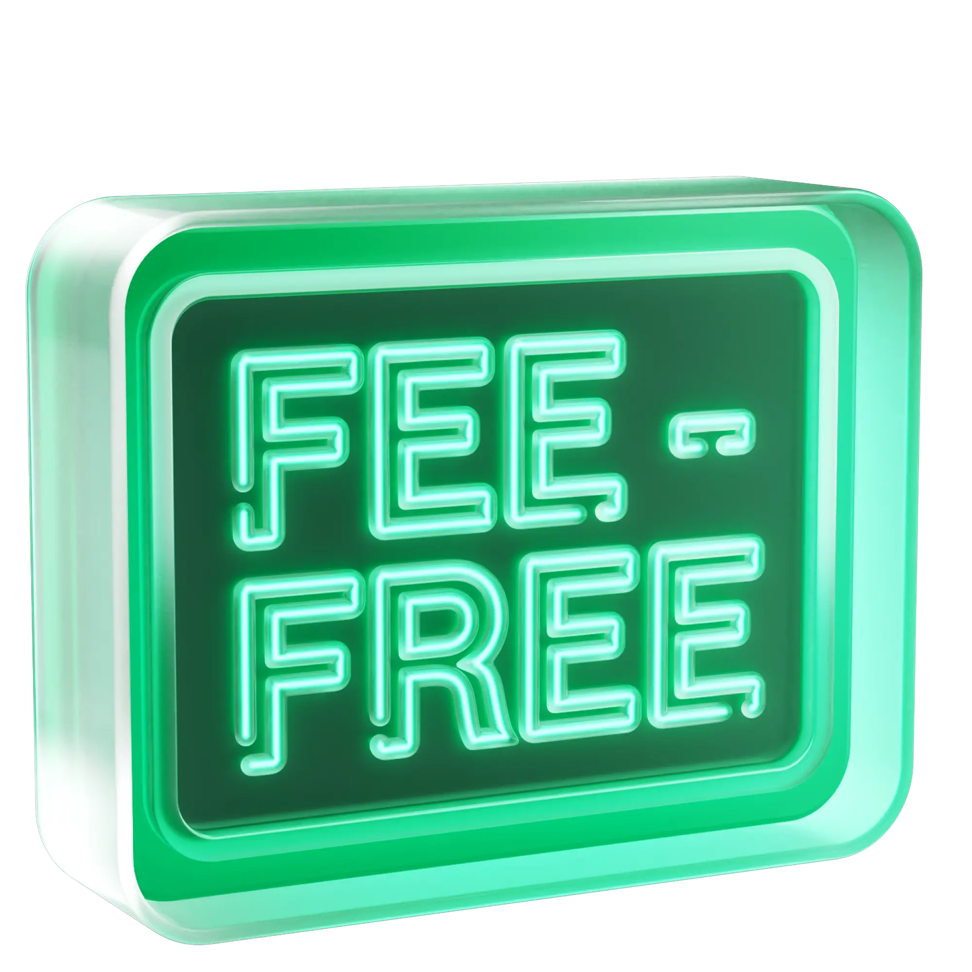 A glowing green neon sign reading "Fee-Free" on a dark background inside a rounded rectangular light box.