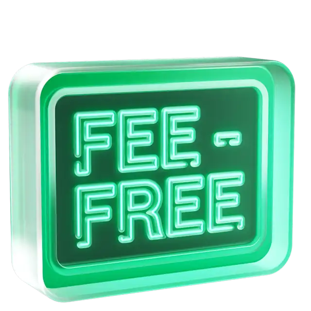 A glowing green neon sign reading "Fee-Free" on a dark background inside a rounded rectangular light box.