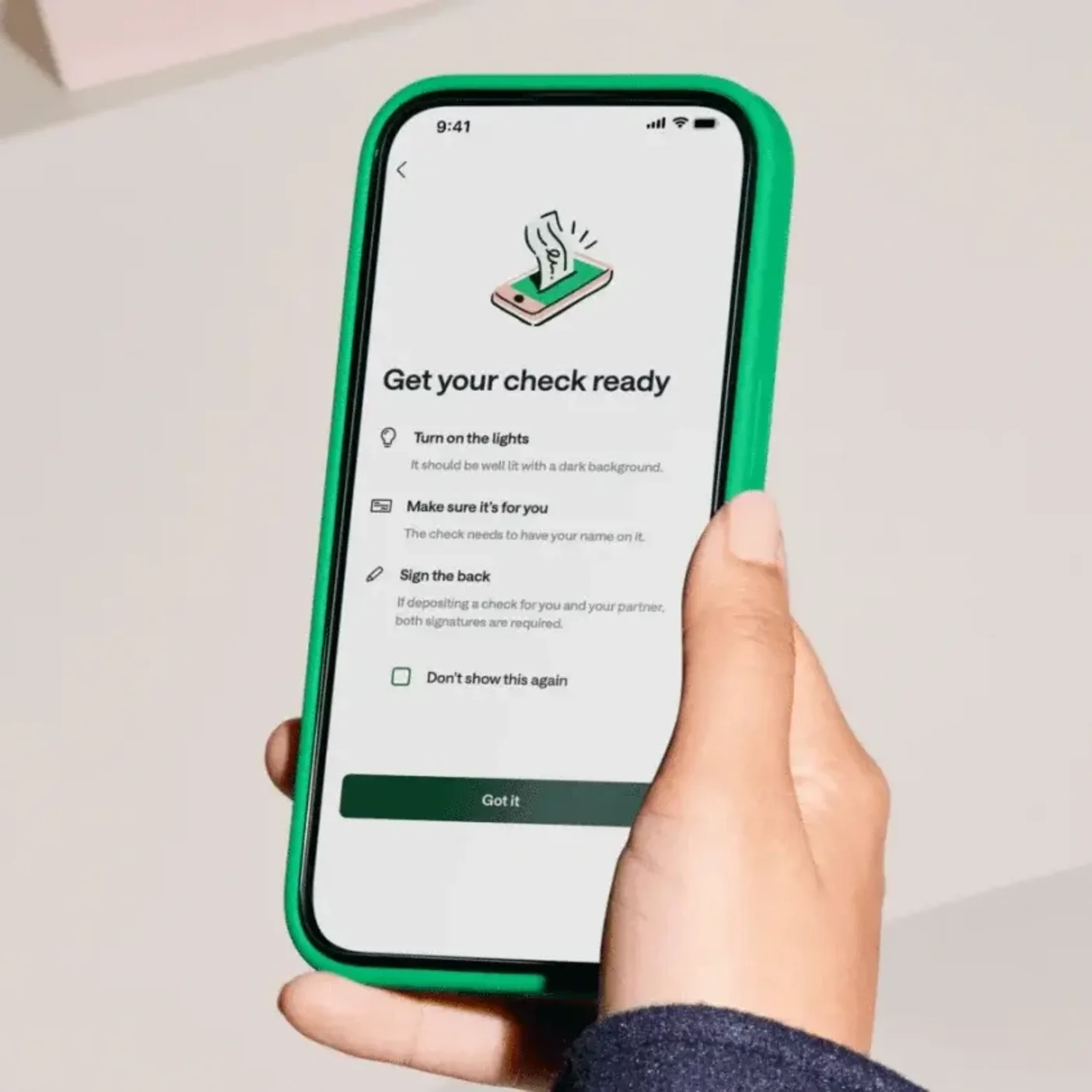 A Chime app screen showing steps on how to use Mobile Check Deposit.