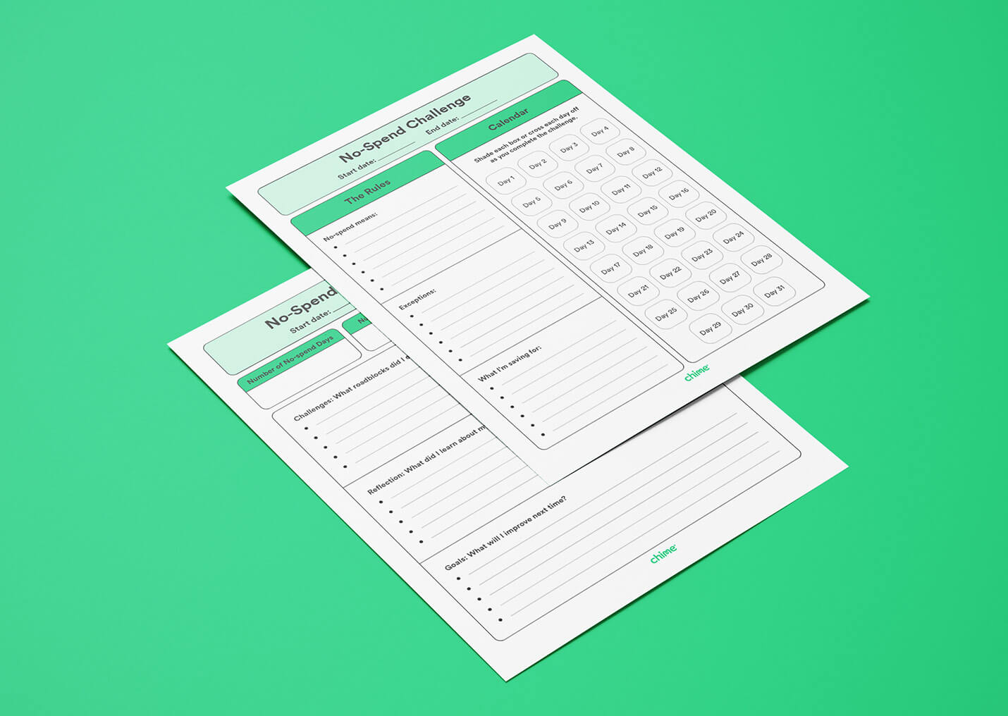 A mockup of a printable no-spend challenge template is shown. 