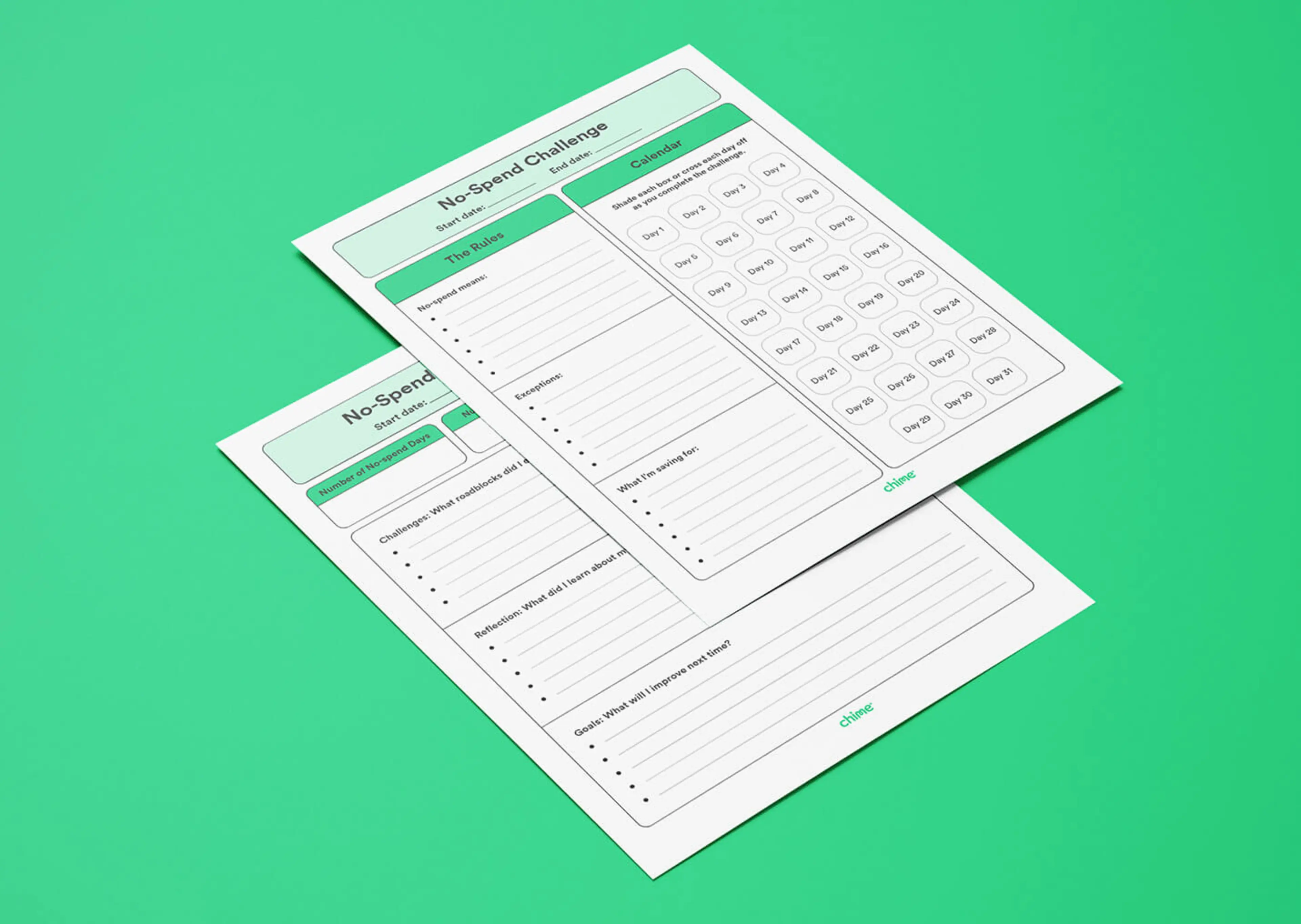 A mockup of a printable no-spend challenge template is shown.