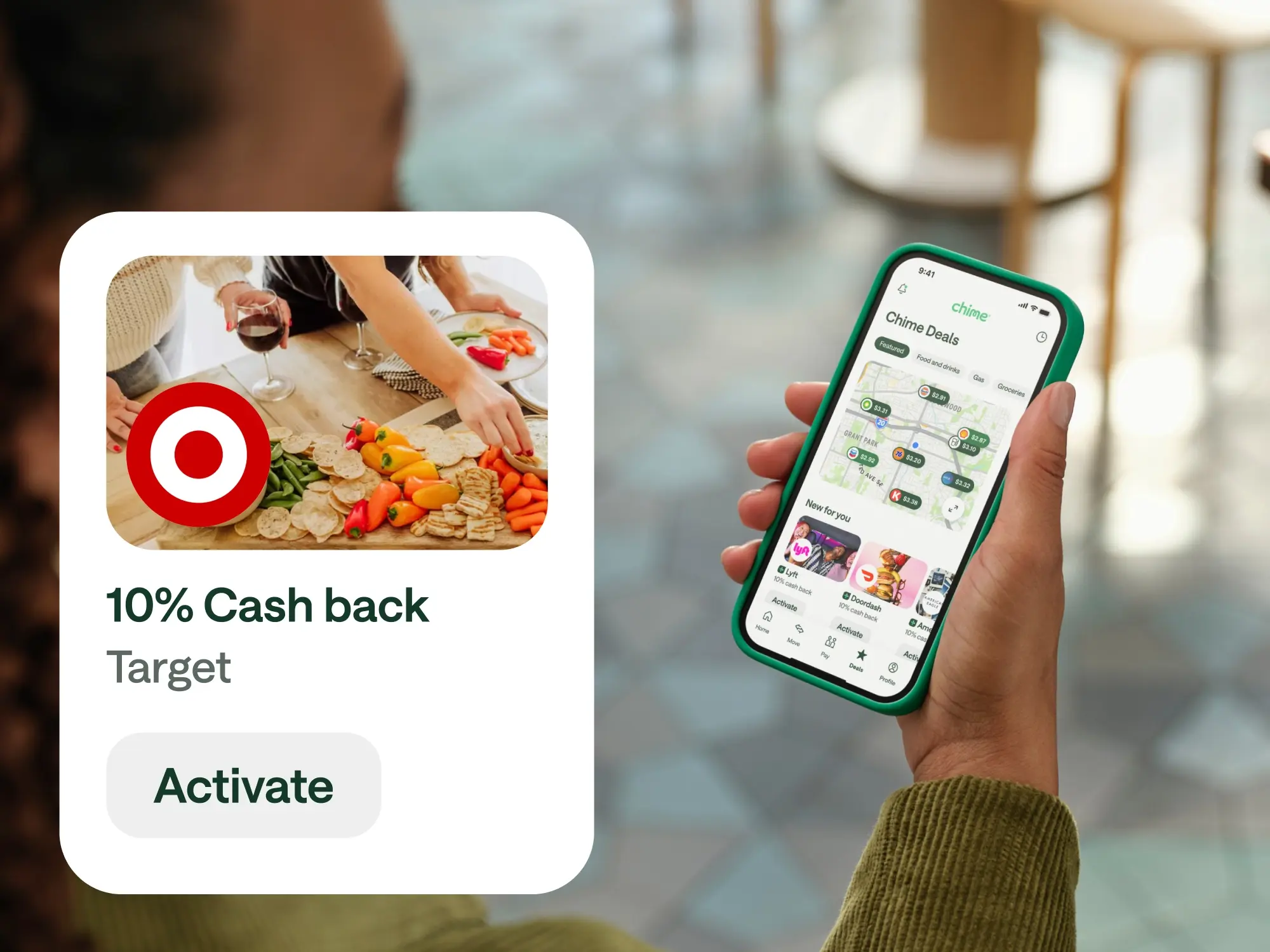 Person holding a smartphone displaying the Chime app’s “Deals” screen, which shows local offers and cashback options. An overlay highlights a Target cashback deal offering 10% cash back on purchases.