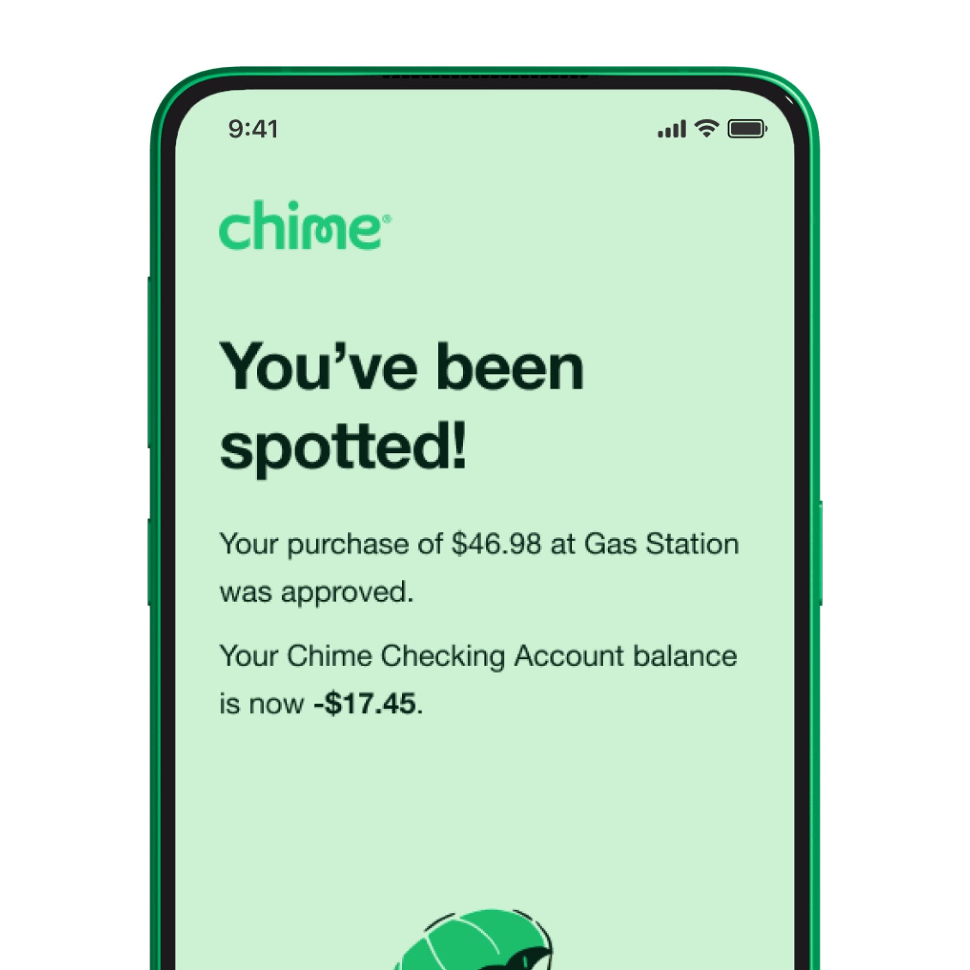 Chime banking app notification showing a $46.98 gas station purchase approval with negative account balance of $17.45.