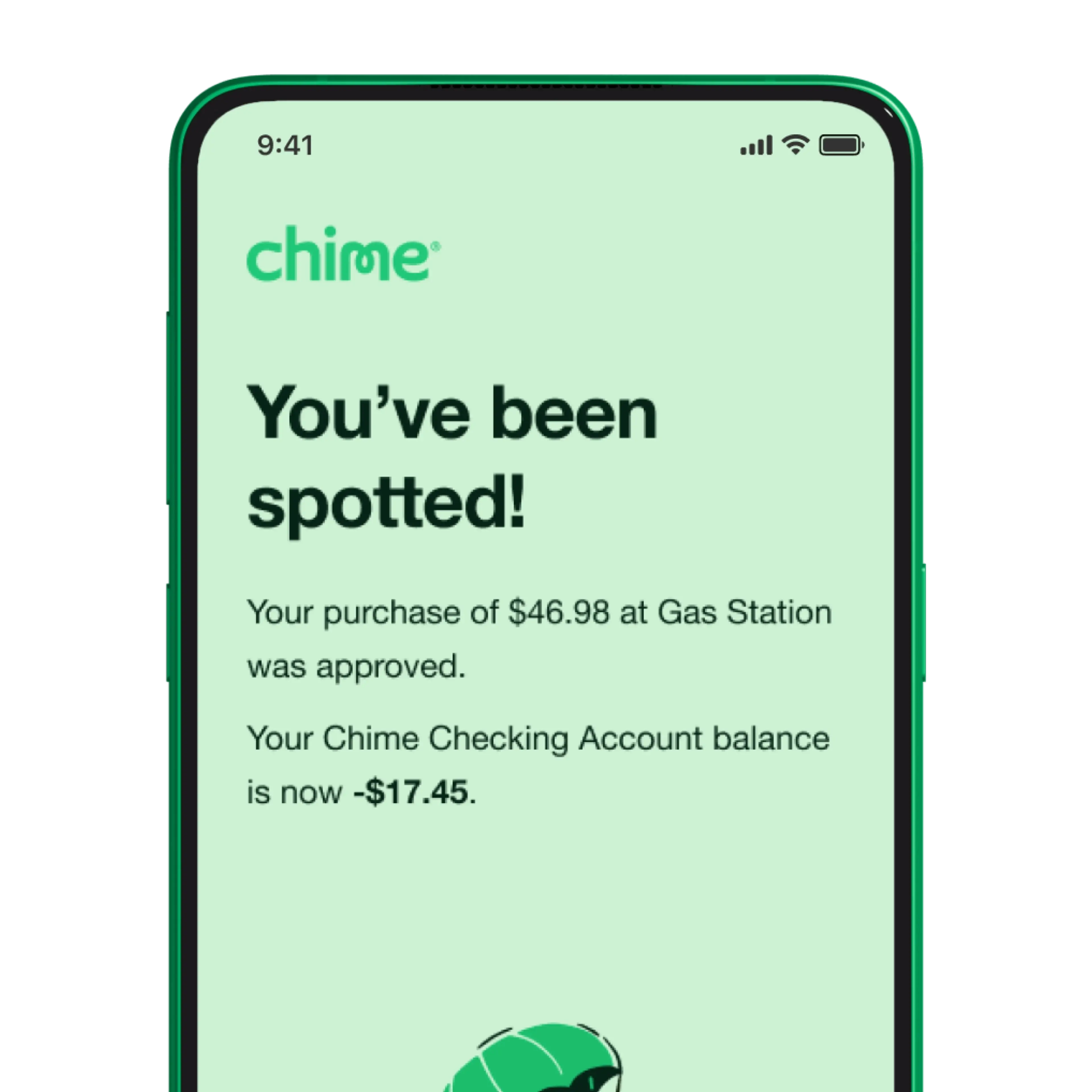 Chime banking app notification showing a $46.98 gas station purchase approval with negative account balance of $17.45.