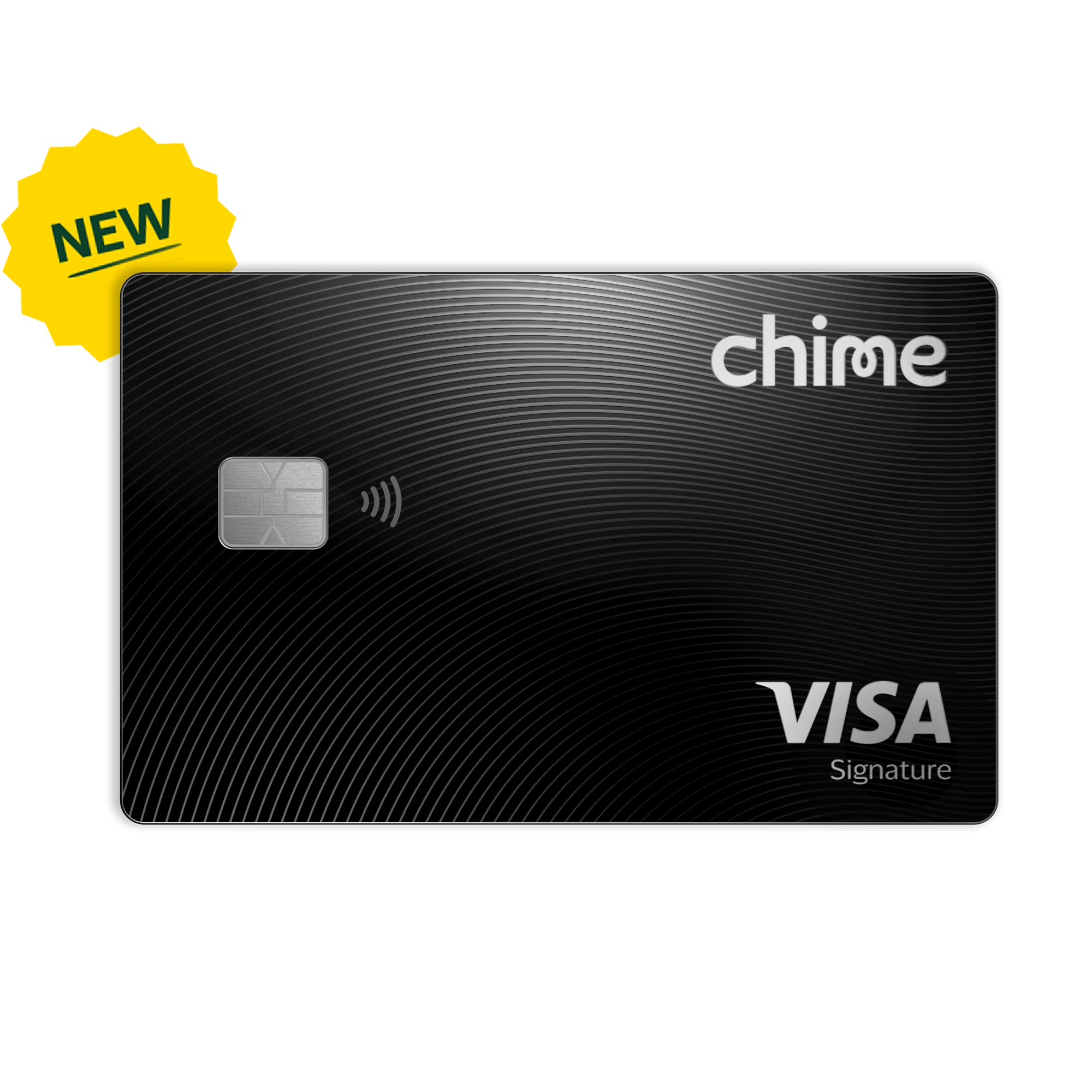 New black Chime Visa Signature credit card with contactless payment chip and yellow "NEW" starburst label in corner.