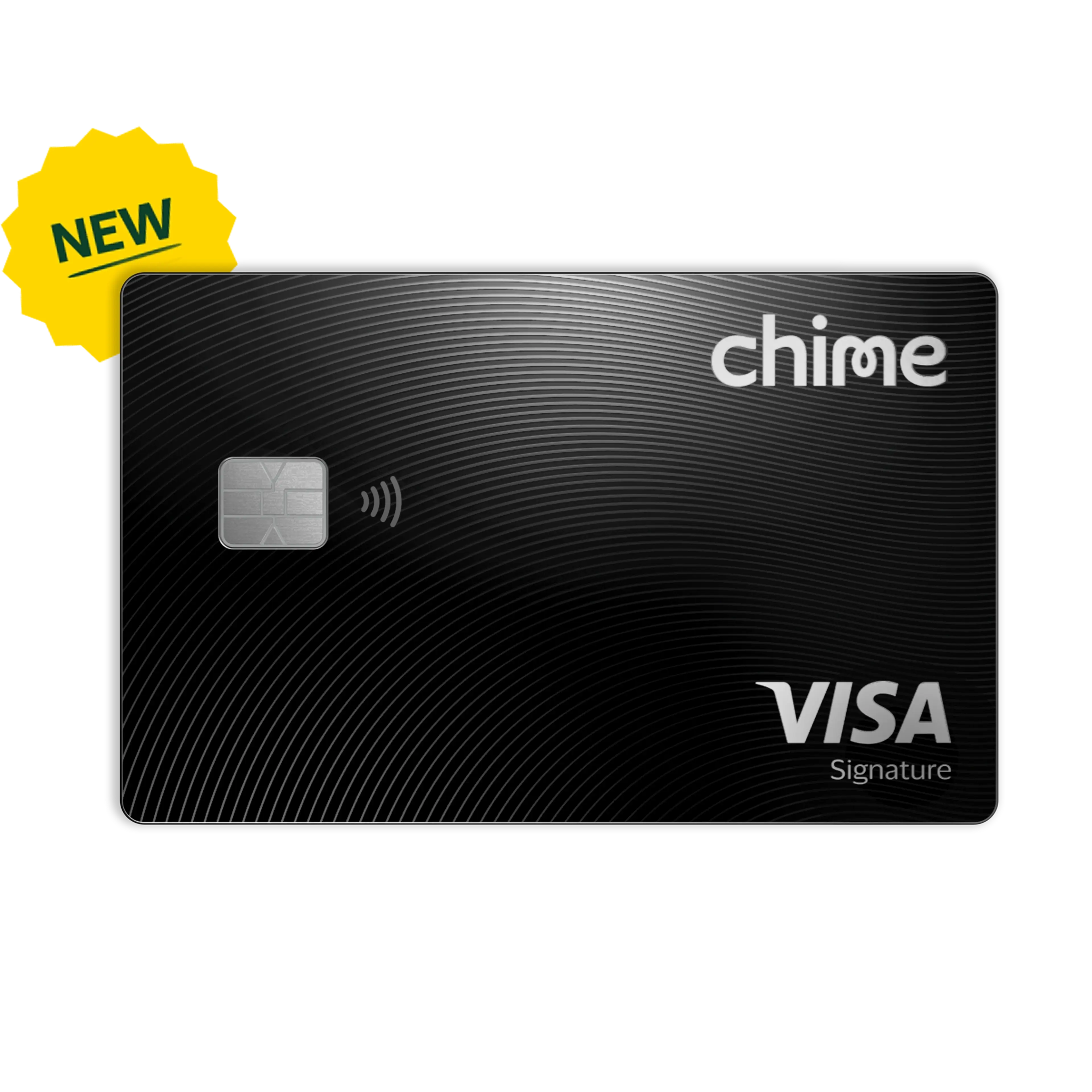 New black Chime Visa Signature credit card with contactless payment chip and yellow "NEW" starburst label in corner.