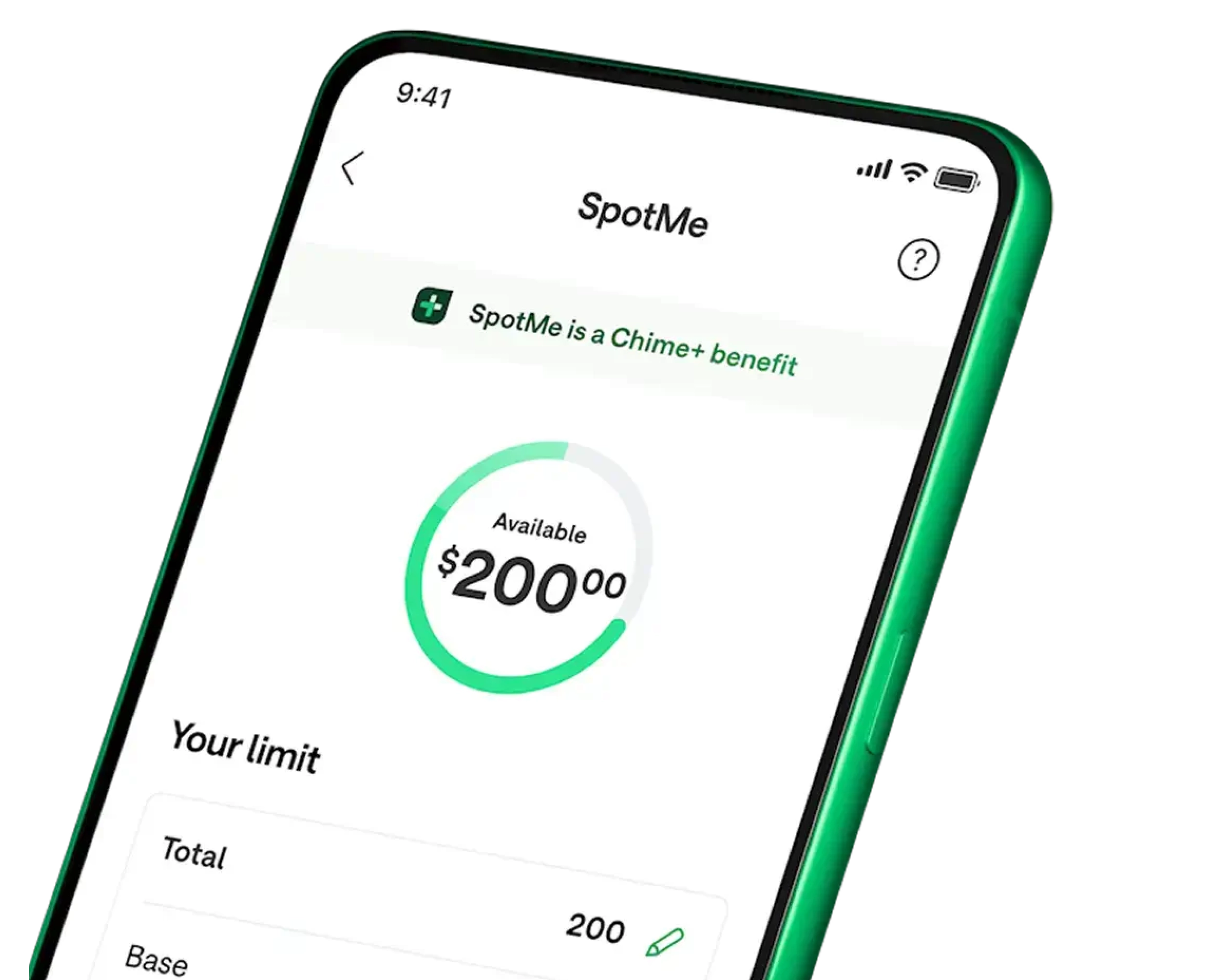 SpotMe mobile phone screen spot me is a chime+ benefit