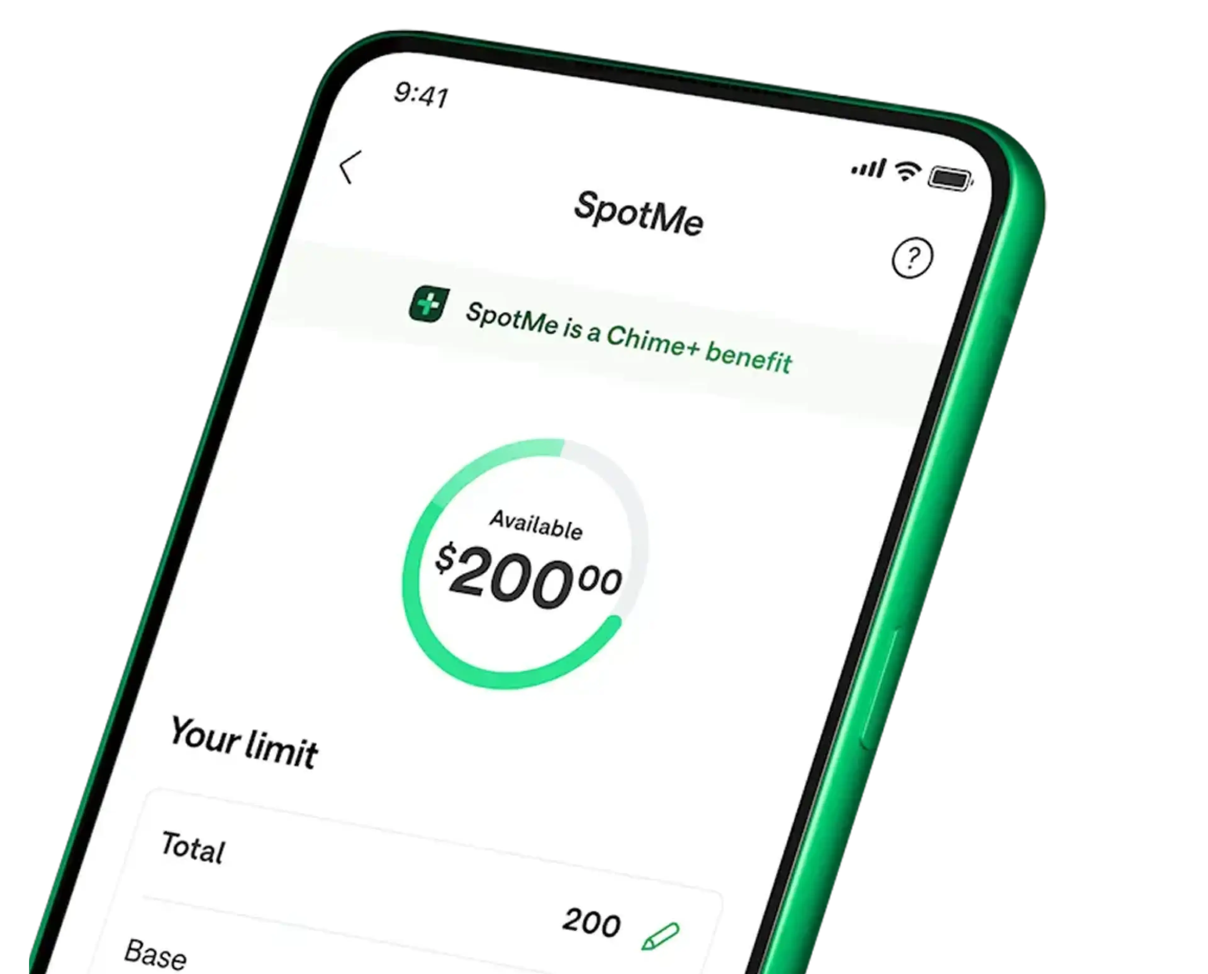SpotMe mobile phone screen spot me is a chime+ benefit