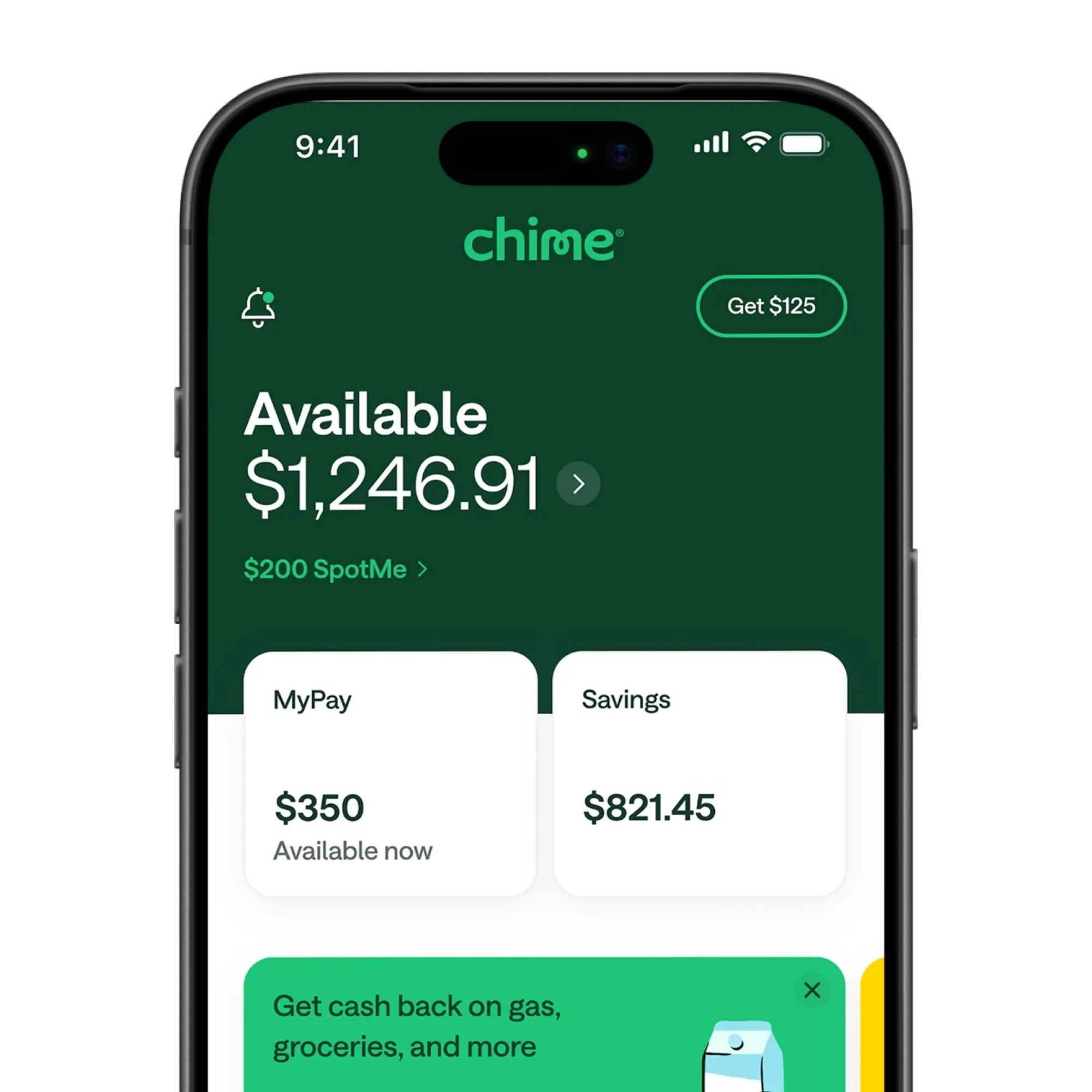 Chime banking app showing $1,246.91 available balance with MyPay and Savings accounts displayed on a green interface.