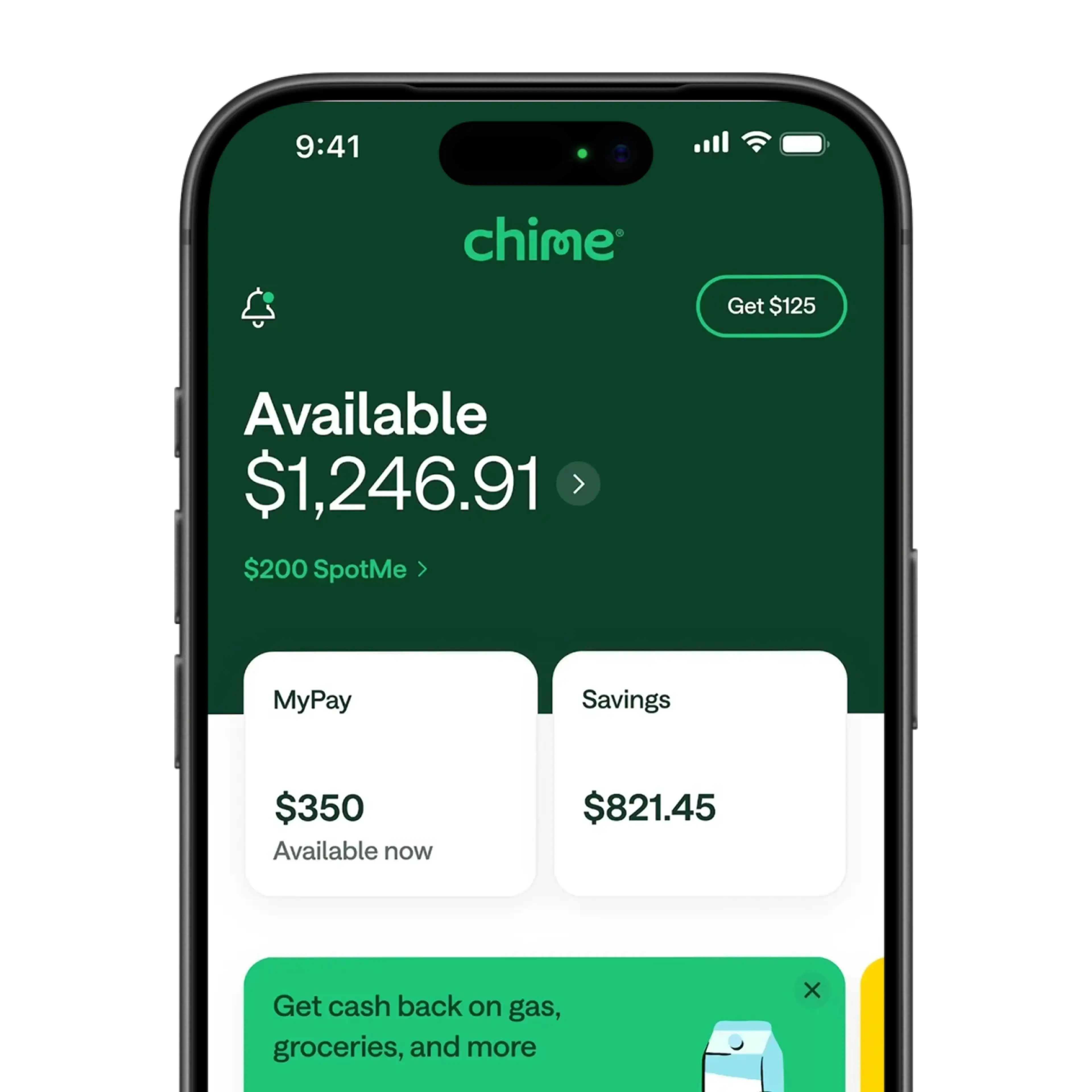 Chime banking app showing $1,246.91 available balance with MyPay and Savings accounts displayed on a green interface.