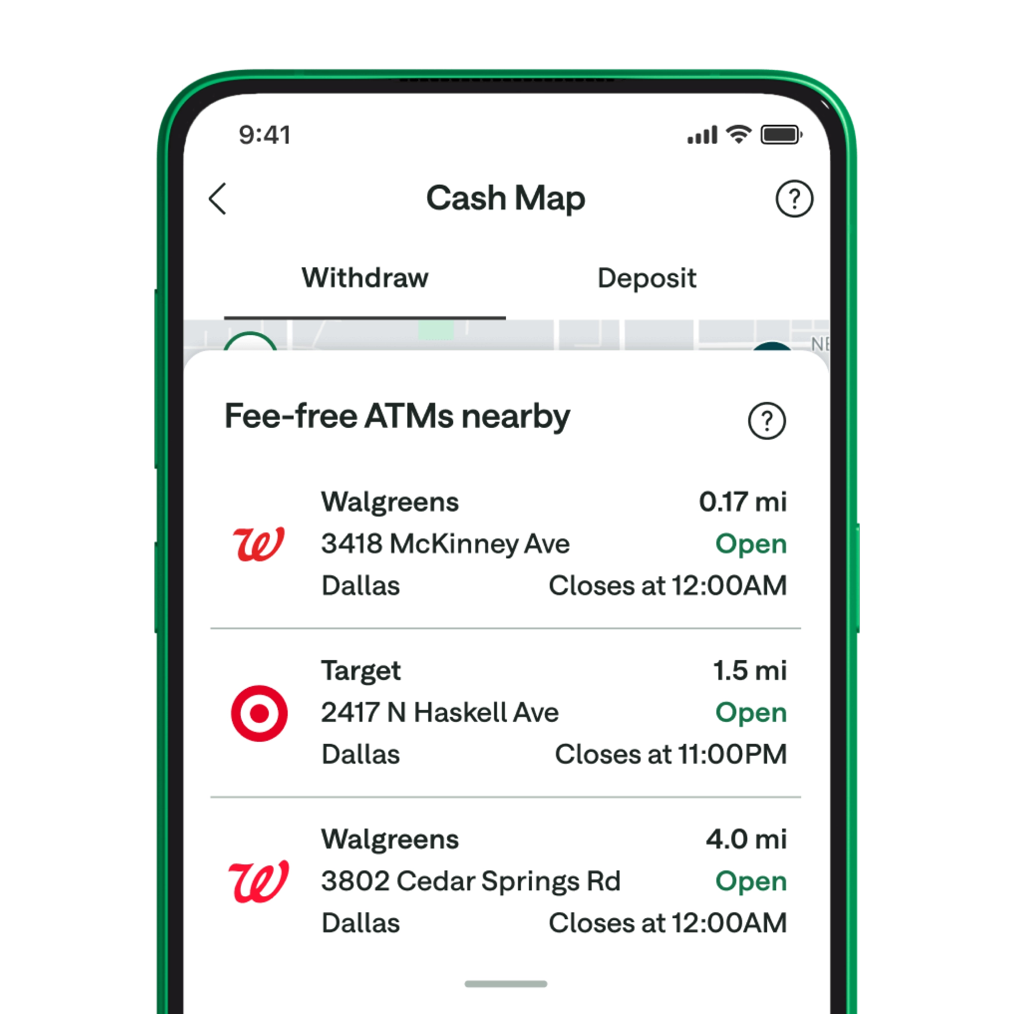 Mobile app showing Cash Map with nearby fee-free ATMs at Walgreens and Target locations in Dallas, with distances and hours.