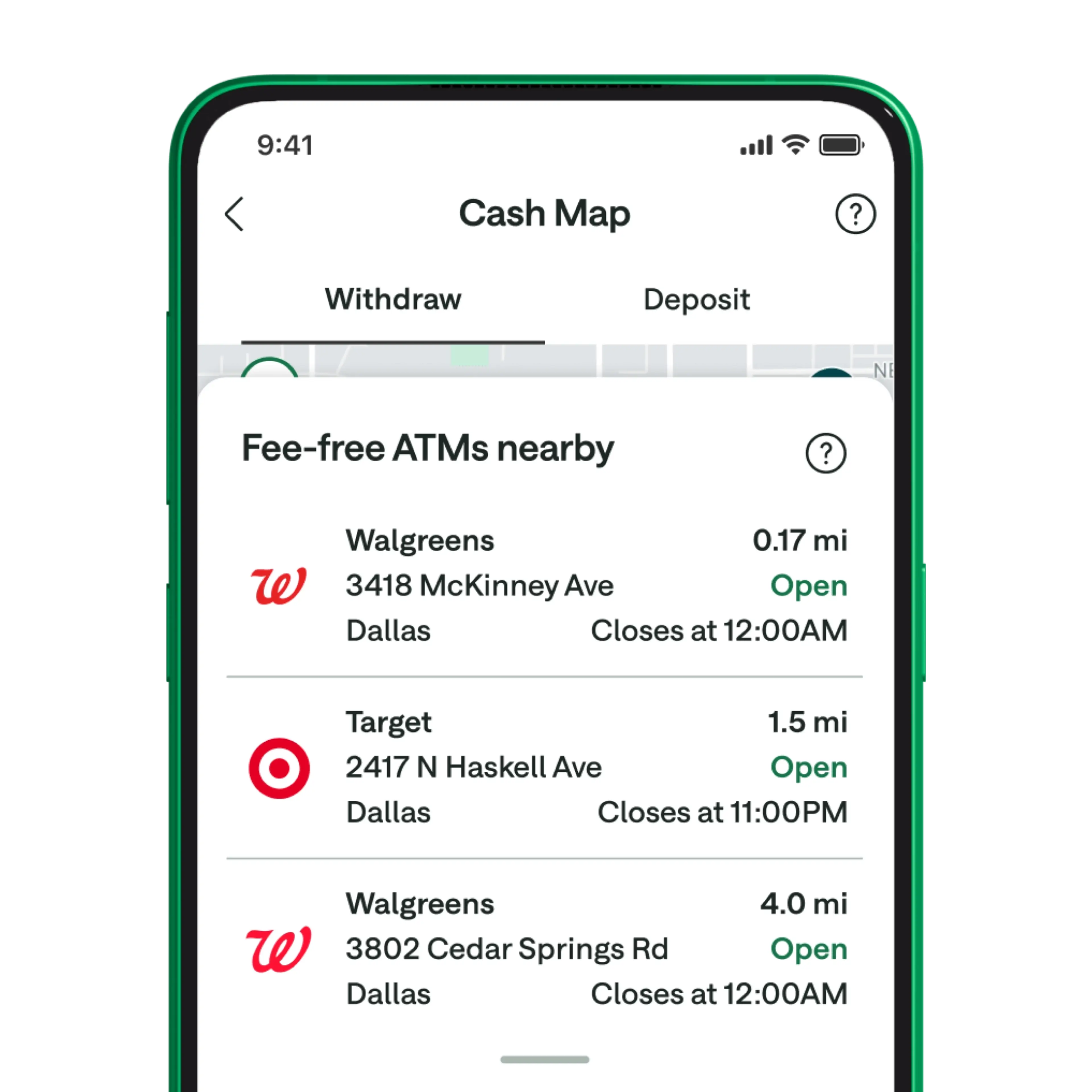 Mobile app showing Cash Map with nearby fee-free ATMs at Walgreens and Target locations in Dallas, with distances and hours.