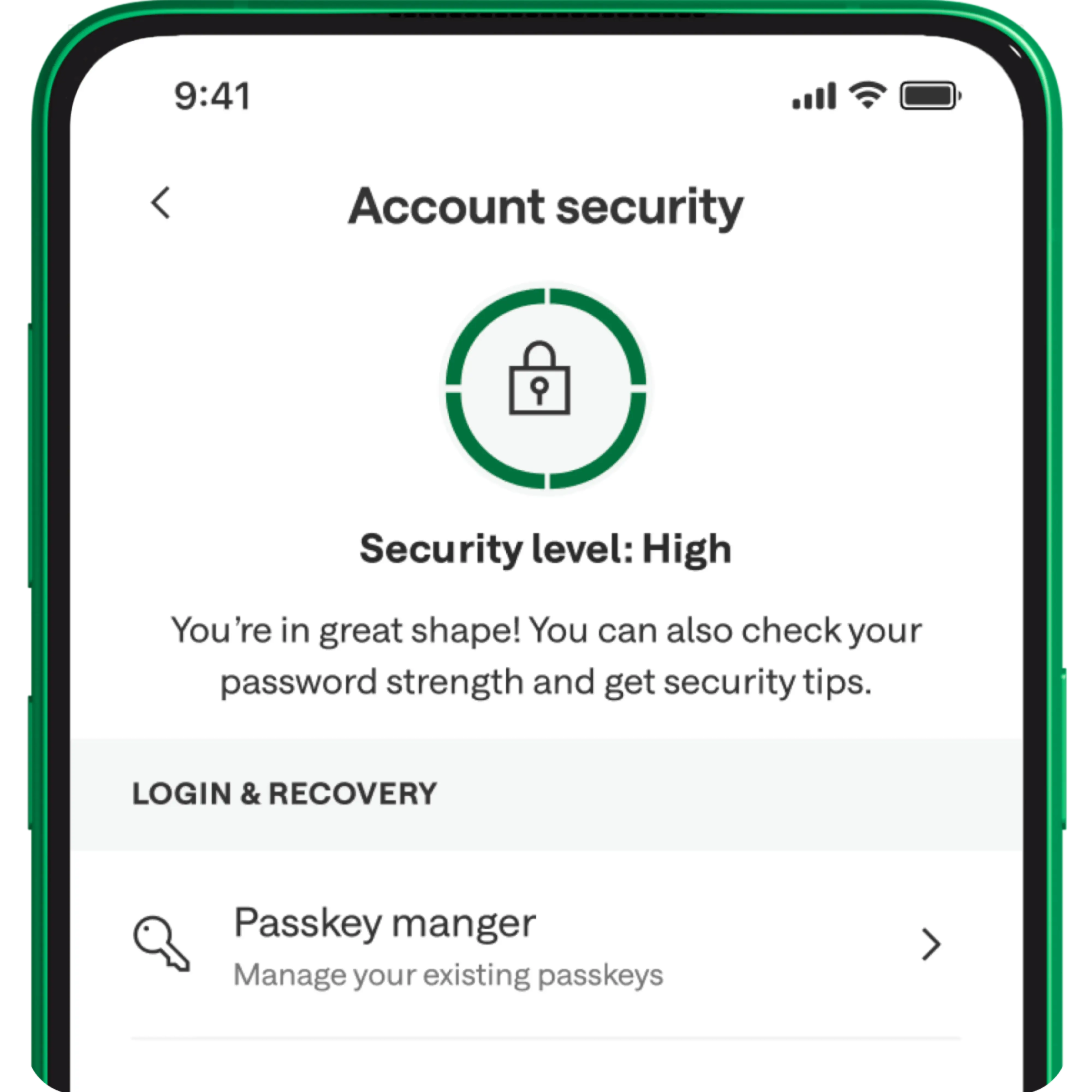 Screenshot of Chime app showing account security level.