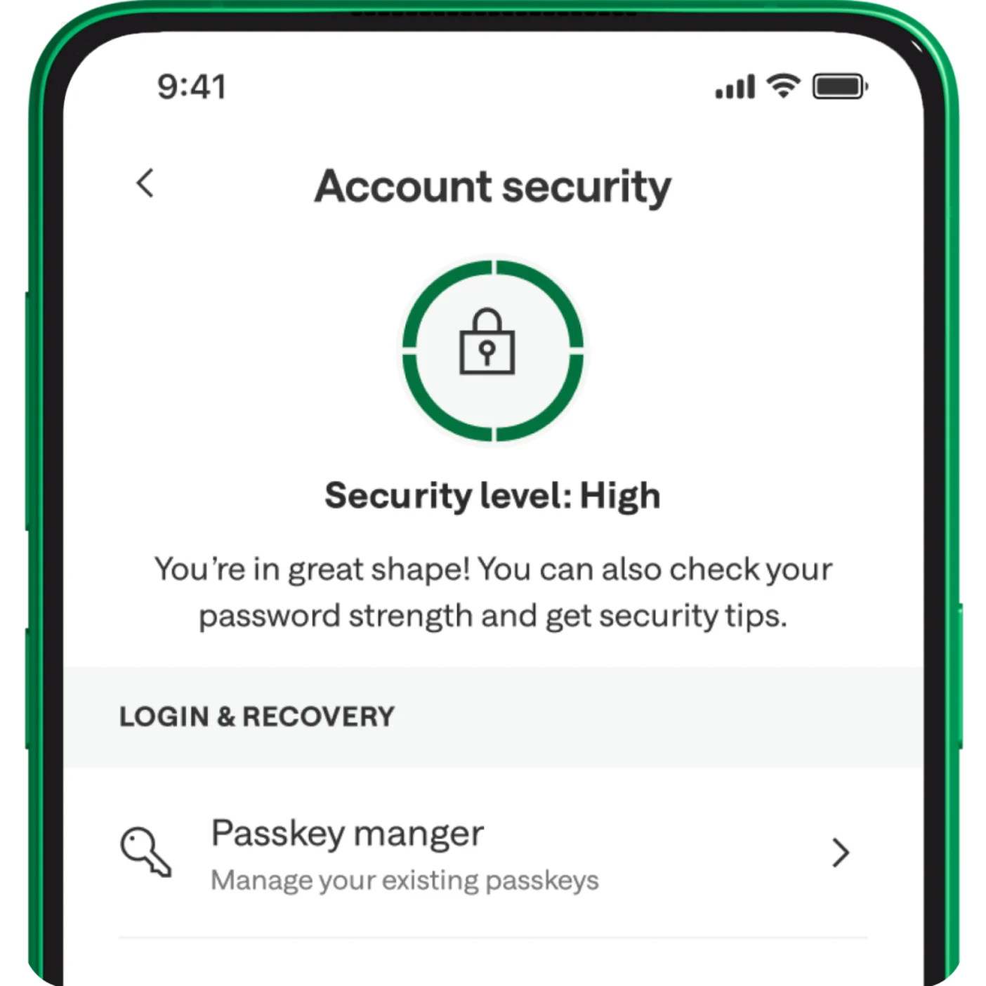 Screenshot of Chime app showing account security level.