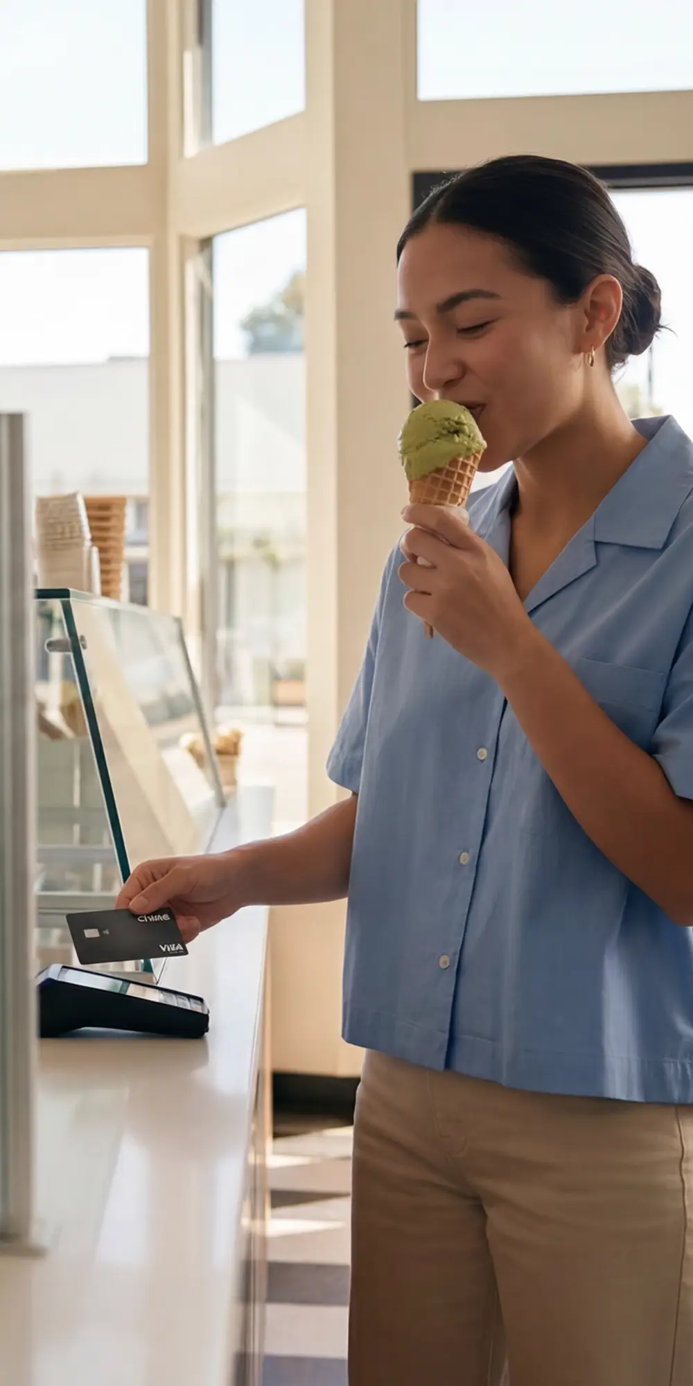 Woman in a blue shirt tapping a Chime Visa card on a payment terminal while eating a green ice cream cone.