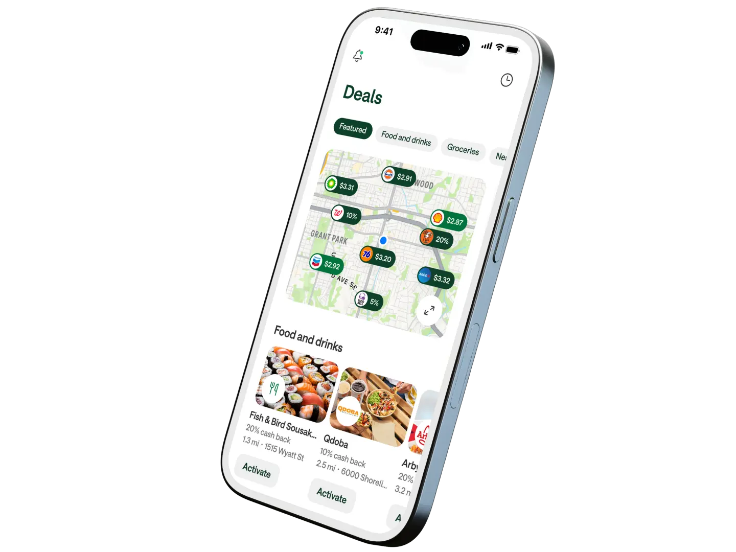 A smartphone displaying a deals app showing a map with gas prices and a food and drinks section with cash back offers.