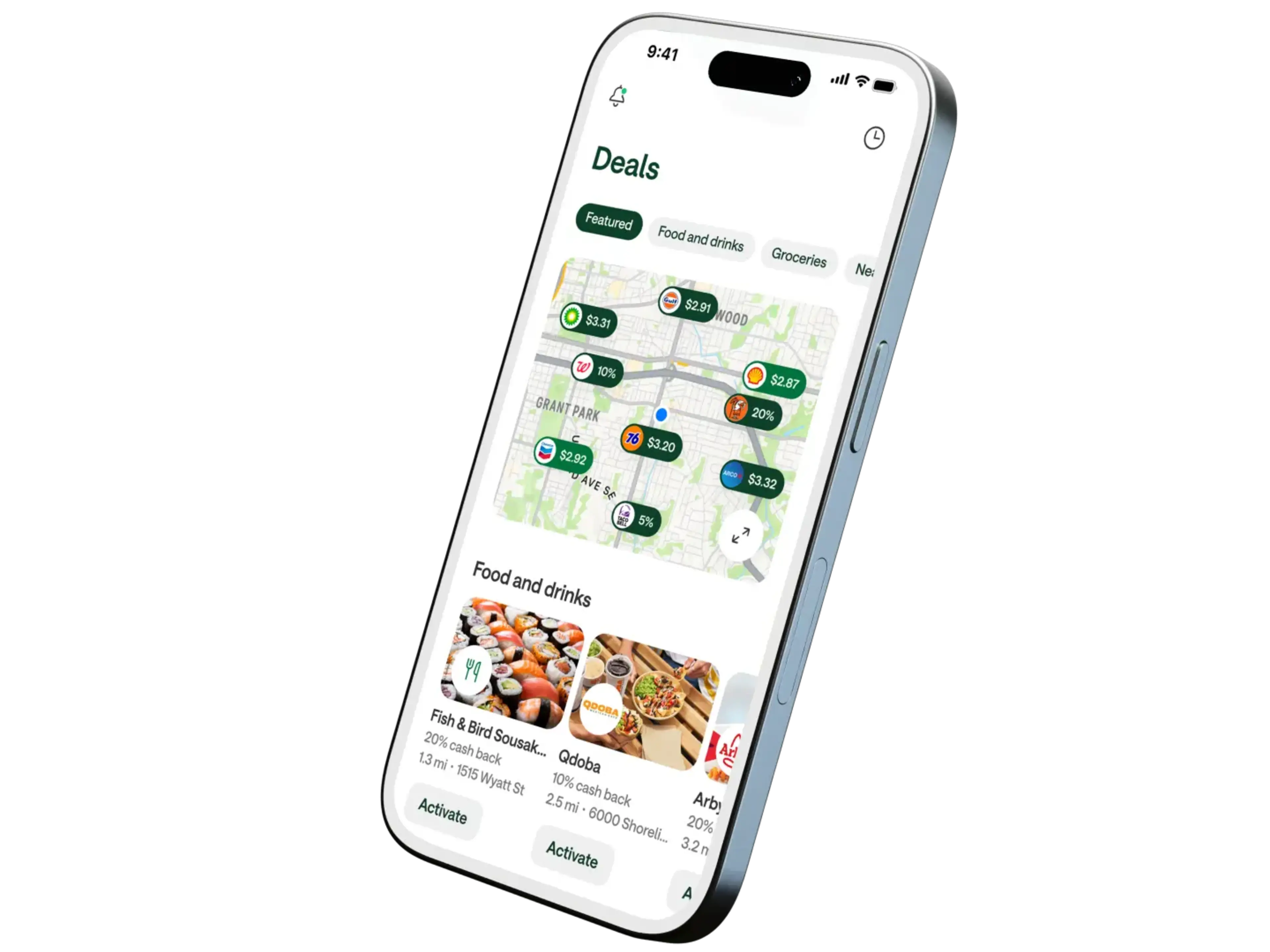 A smartphone displaying a deals app showing a map with gas prices and a food and drinks section with cash back offers.