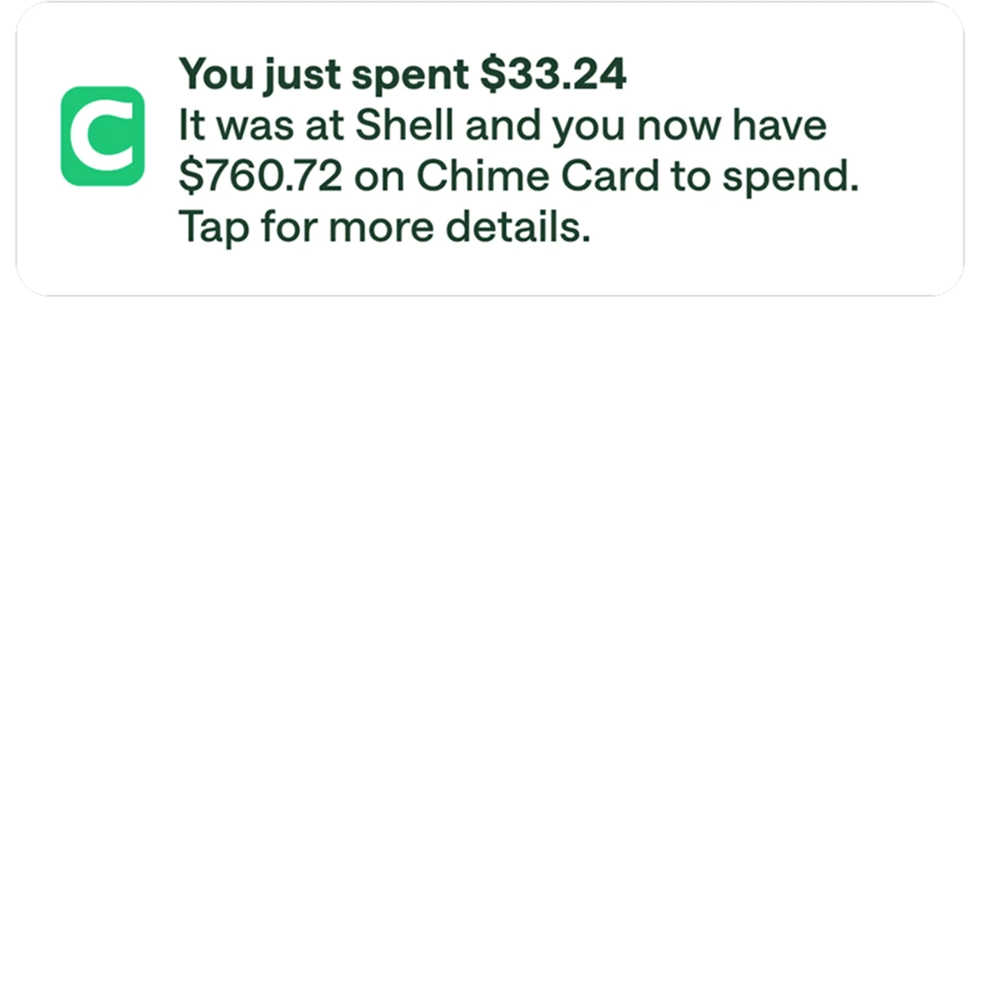 Chime Notification that says "You just sent $33.24"