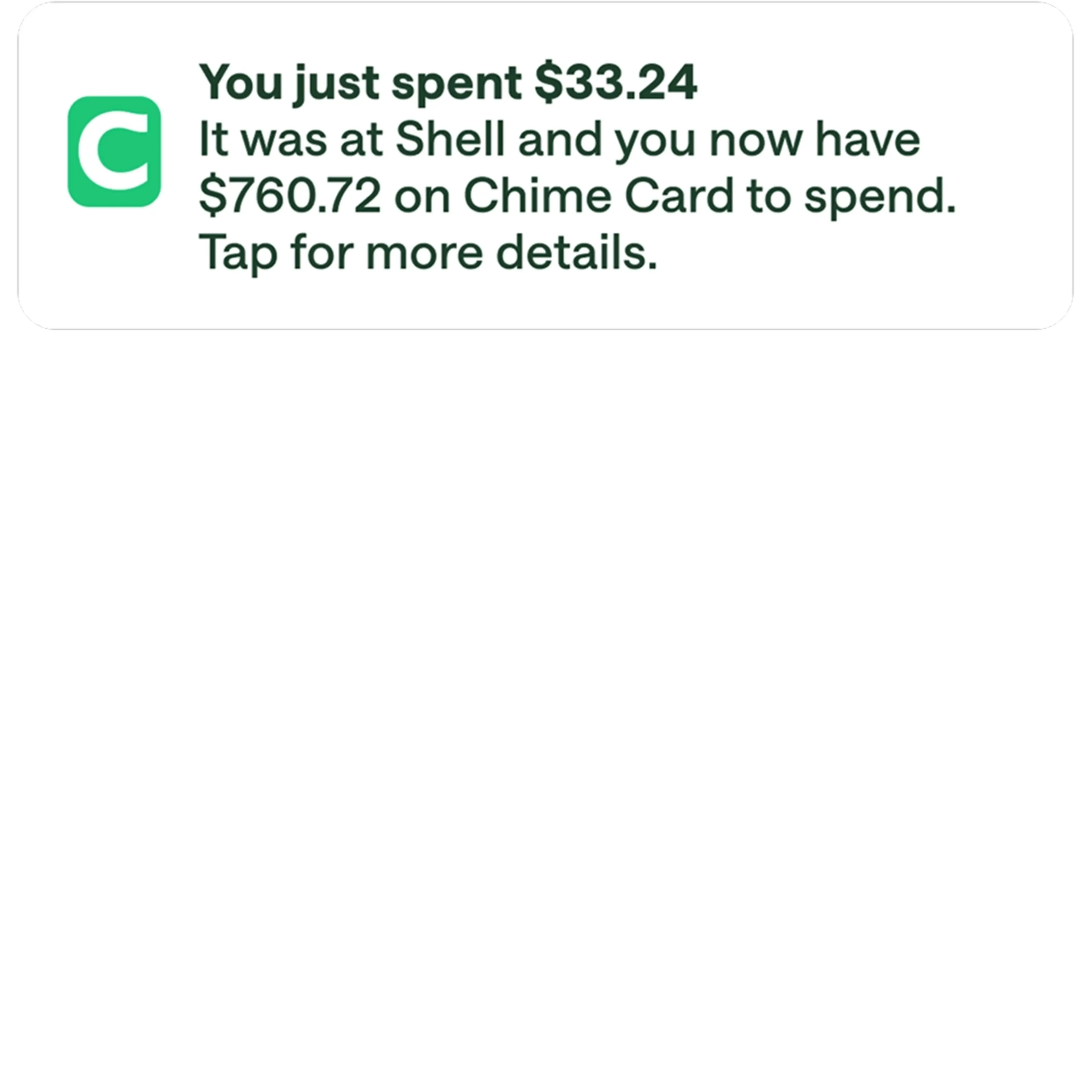 Chime Notification that says "You just sent $33.24"