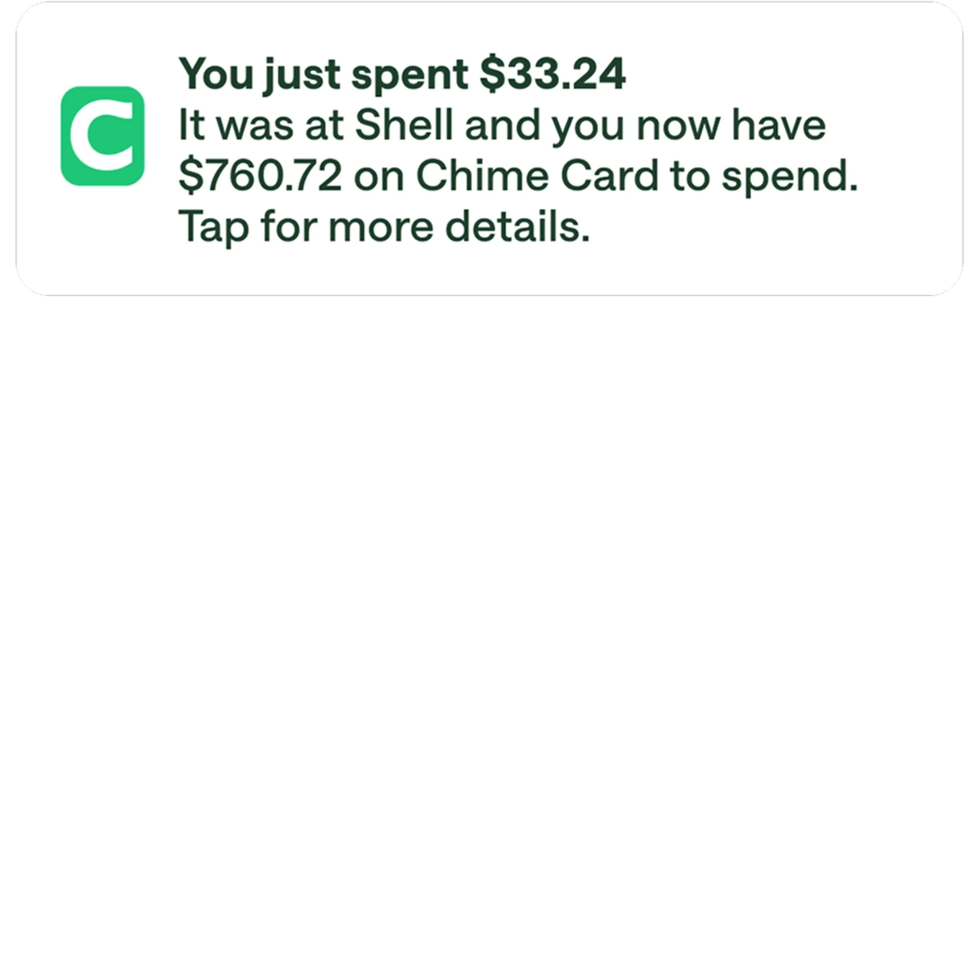 Chime Notification that says "You just sent $33.24"