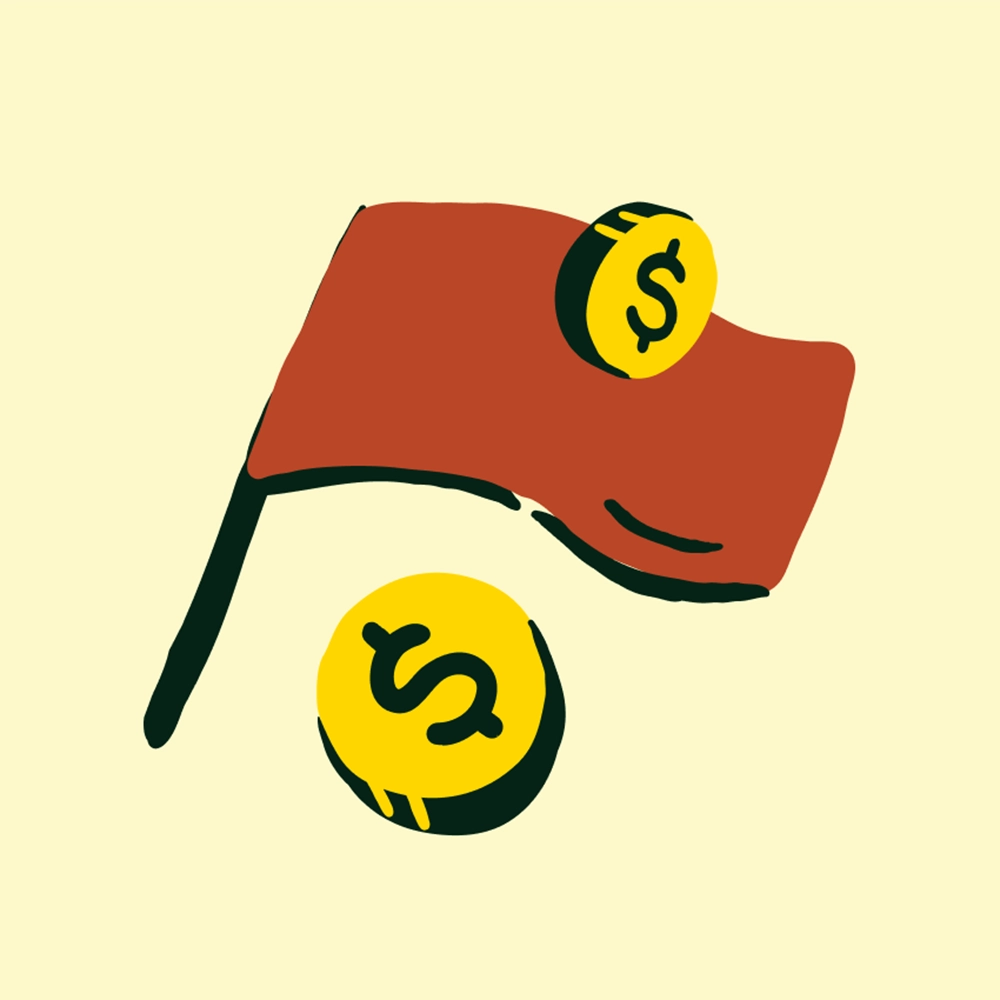Red flag with gold dollar coins on a yellow-cream background.