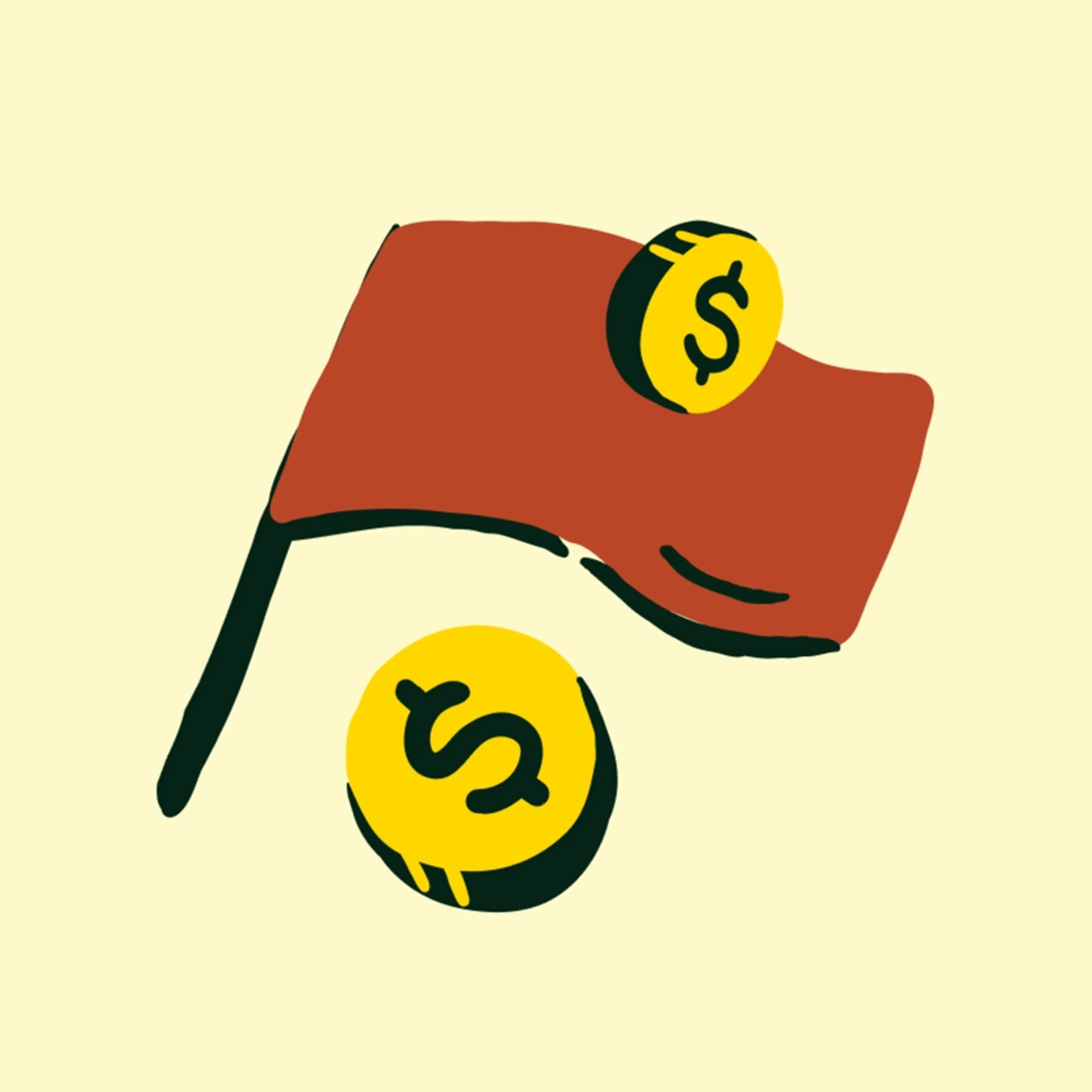 Red flag with gold dollar coins on a yellow-cream background.