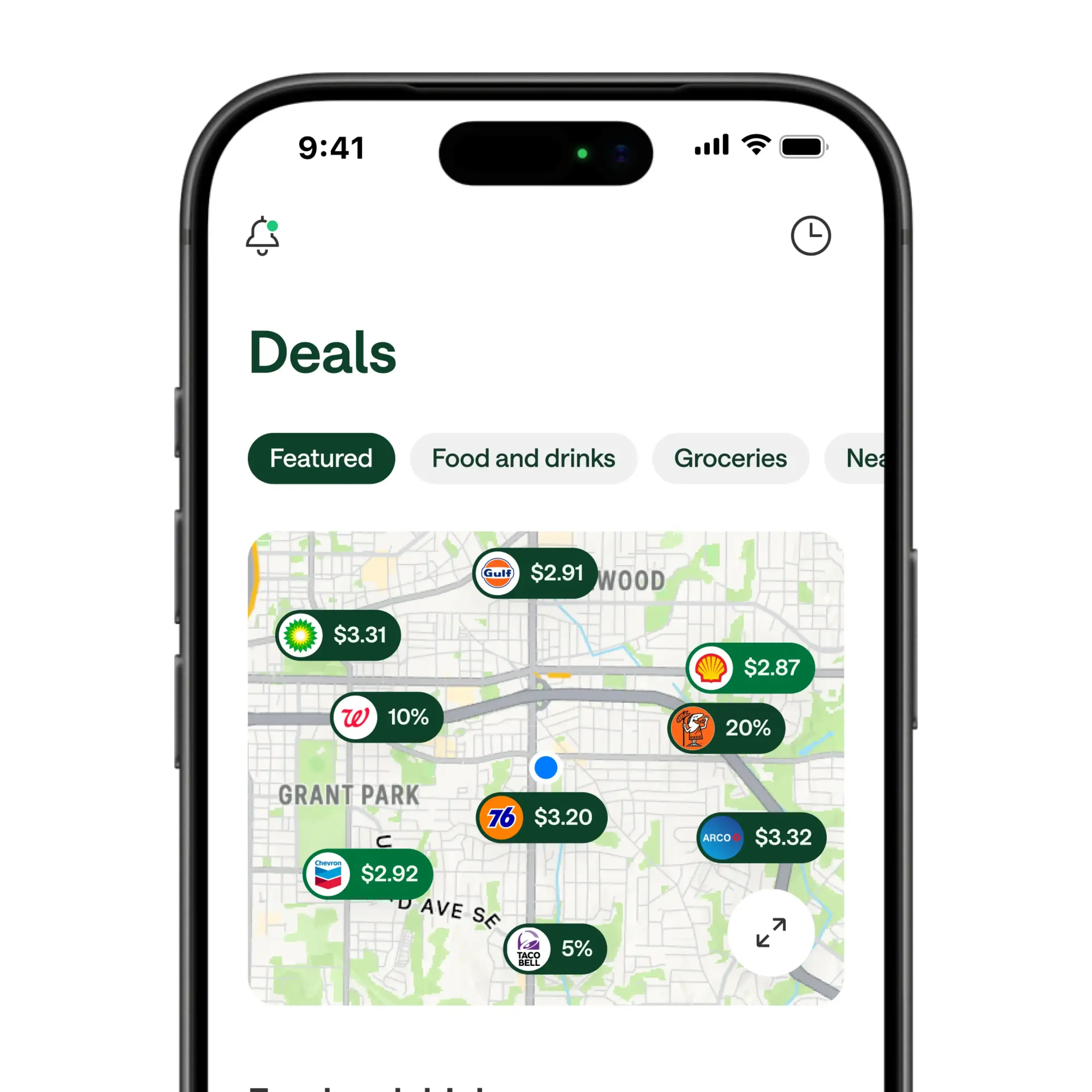 Smartphone displaying a deals app with a map showing nearby gas prices and discounts from brands like Shell, BP, and Taco Bell.