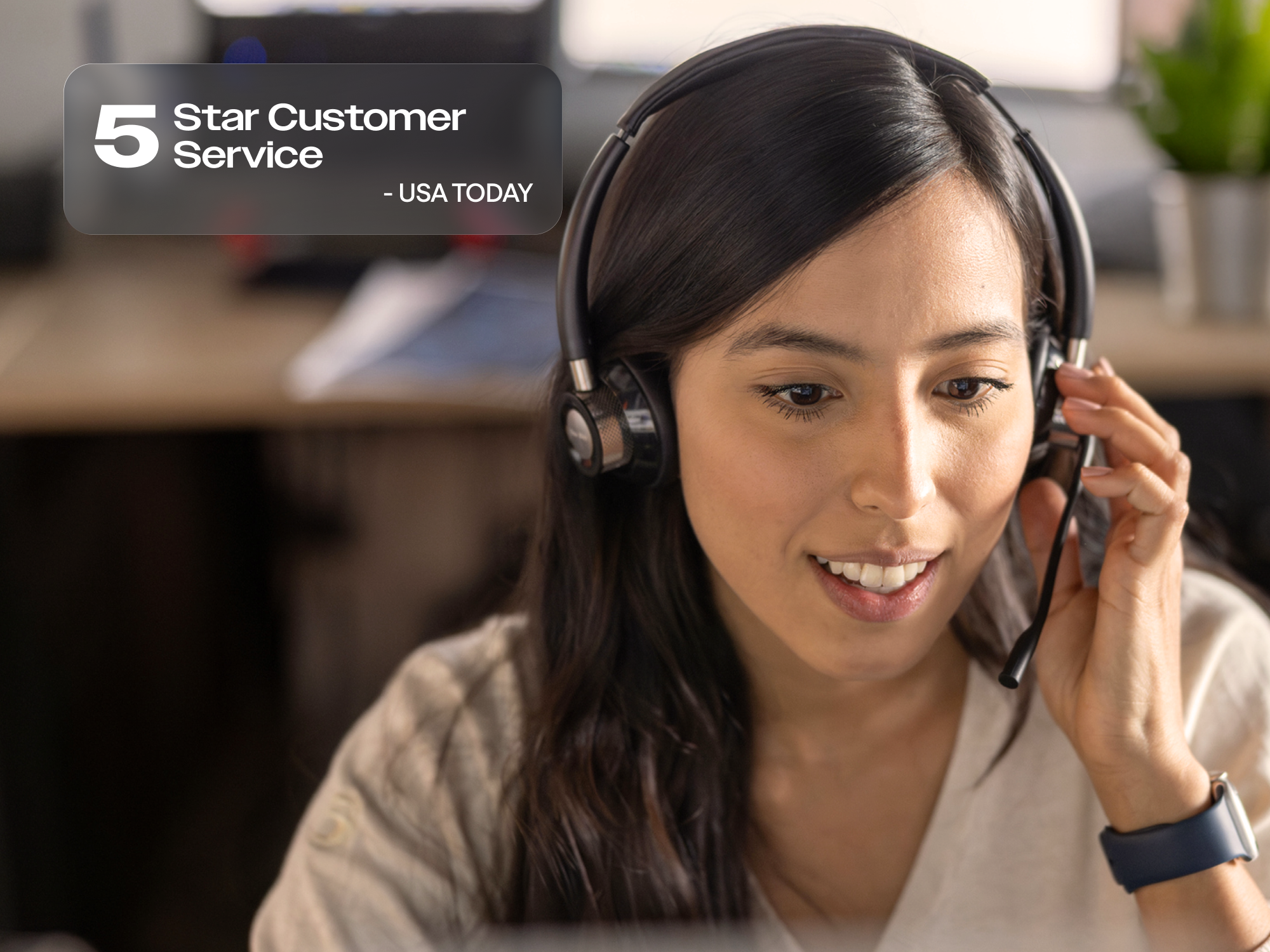 Smiling female customer service representative wearing a headset, with a "5 Star Customer Service - USA TODAY" badge overlay.