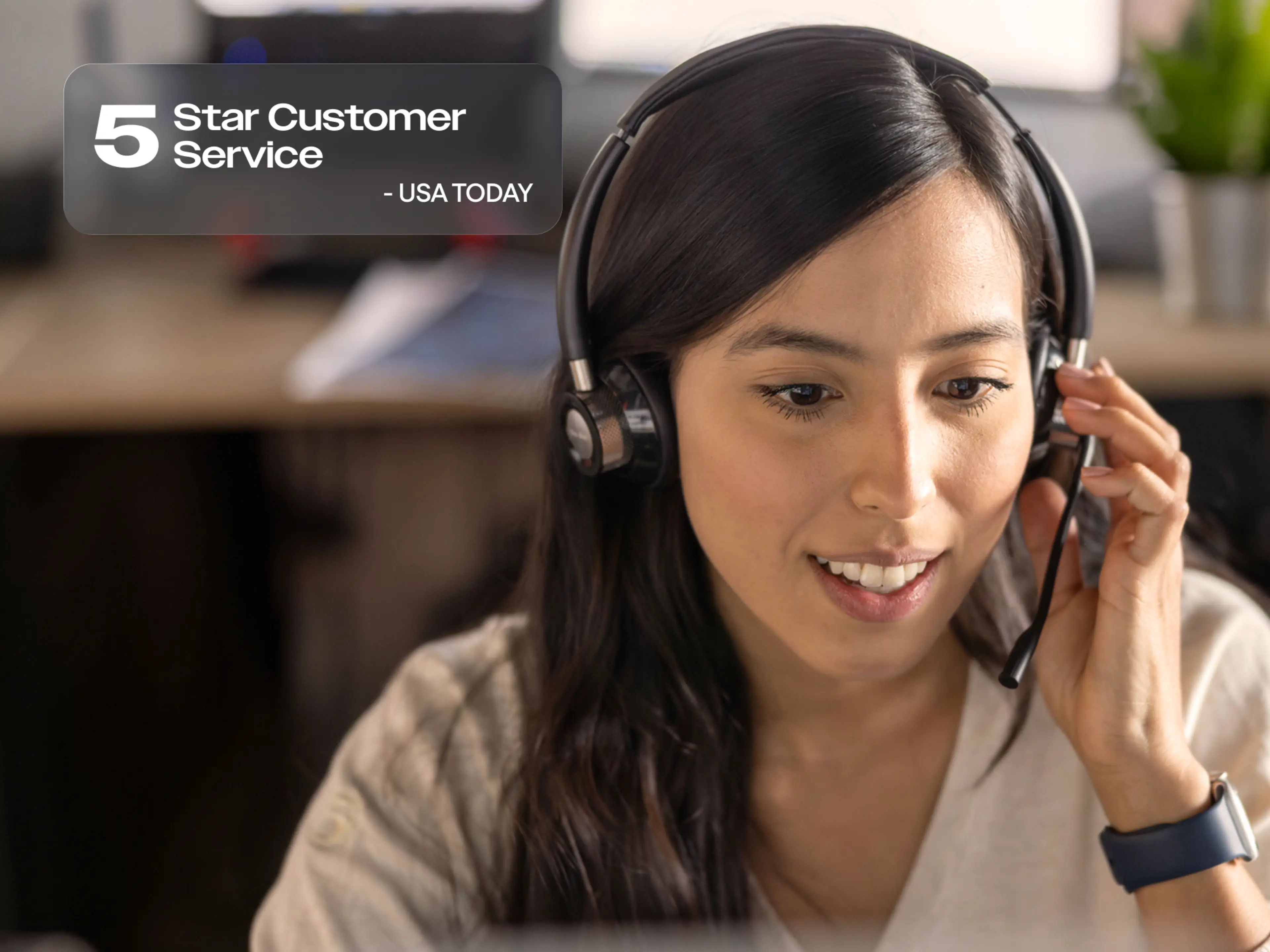 Smiling female customer service representative wearing a headset, with a "5 Star Customer Service - USA TODAY" badge overlay.