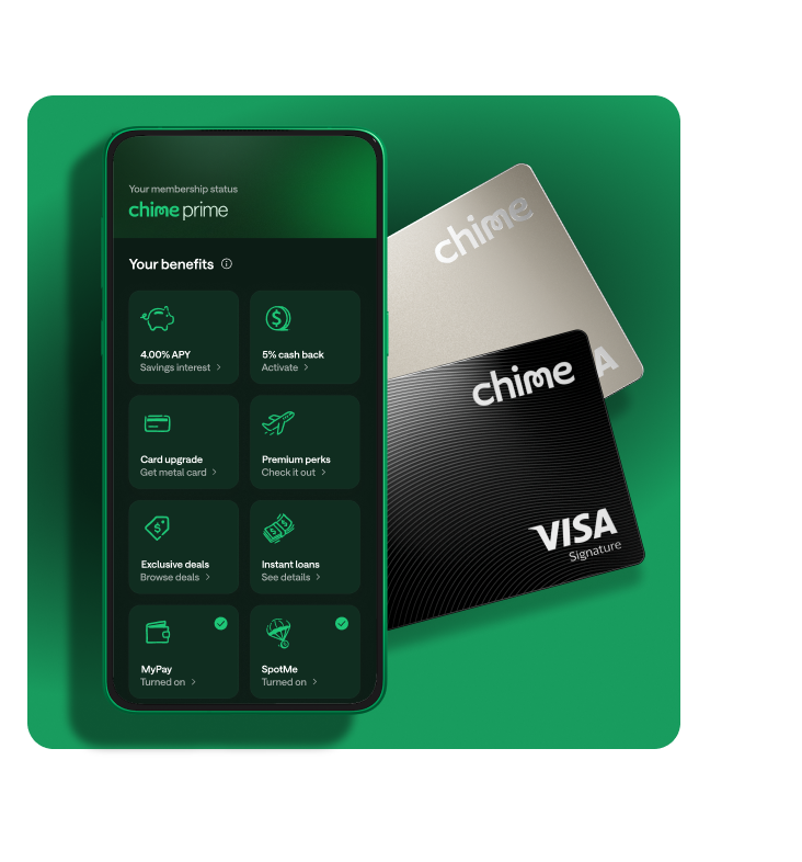 A phone screen showing benefits of Chime Prime, next to two Chime cards.