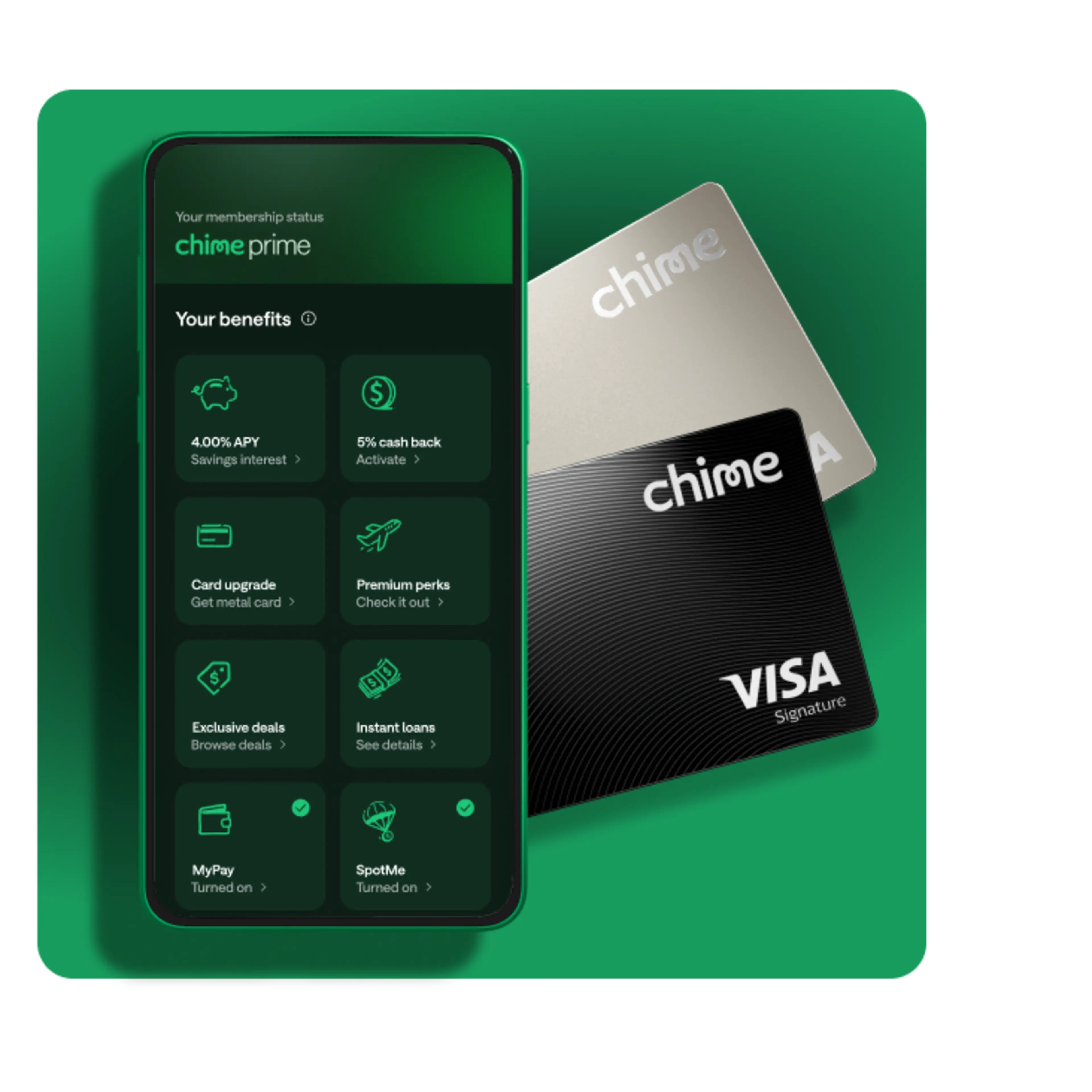 A phone screen showing benefits of Chime Prime, next to two Chime cards.