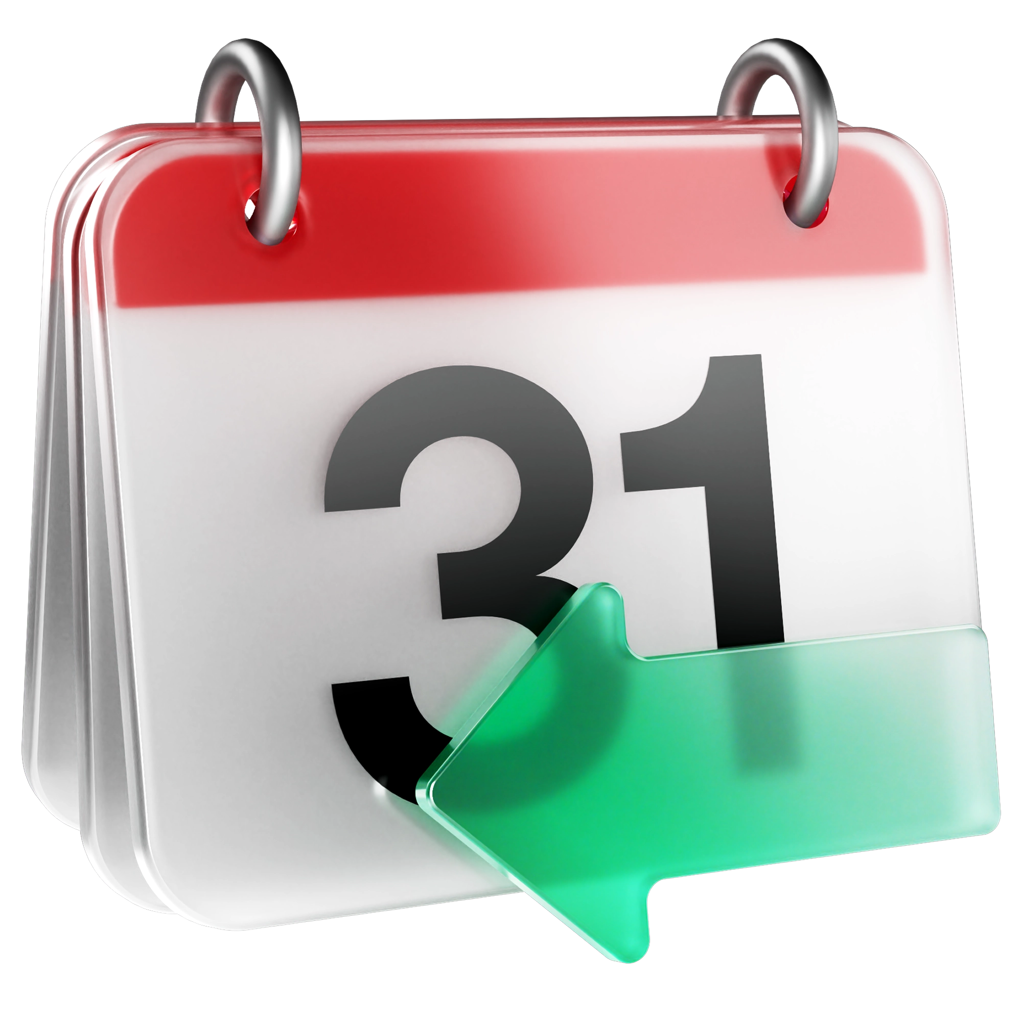 3D calendar icon showing the 31st with a red header, silver rings, and a green arrow pointing left.