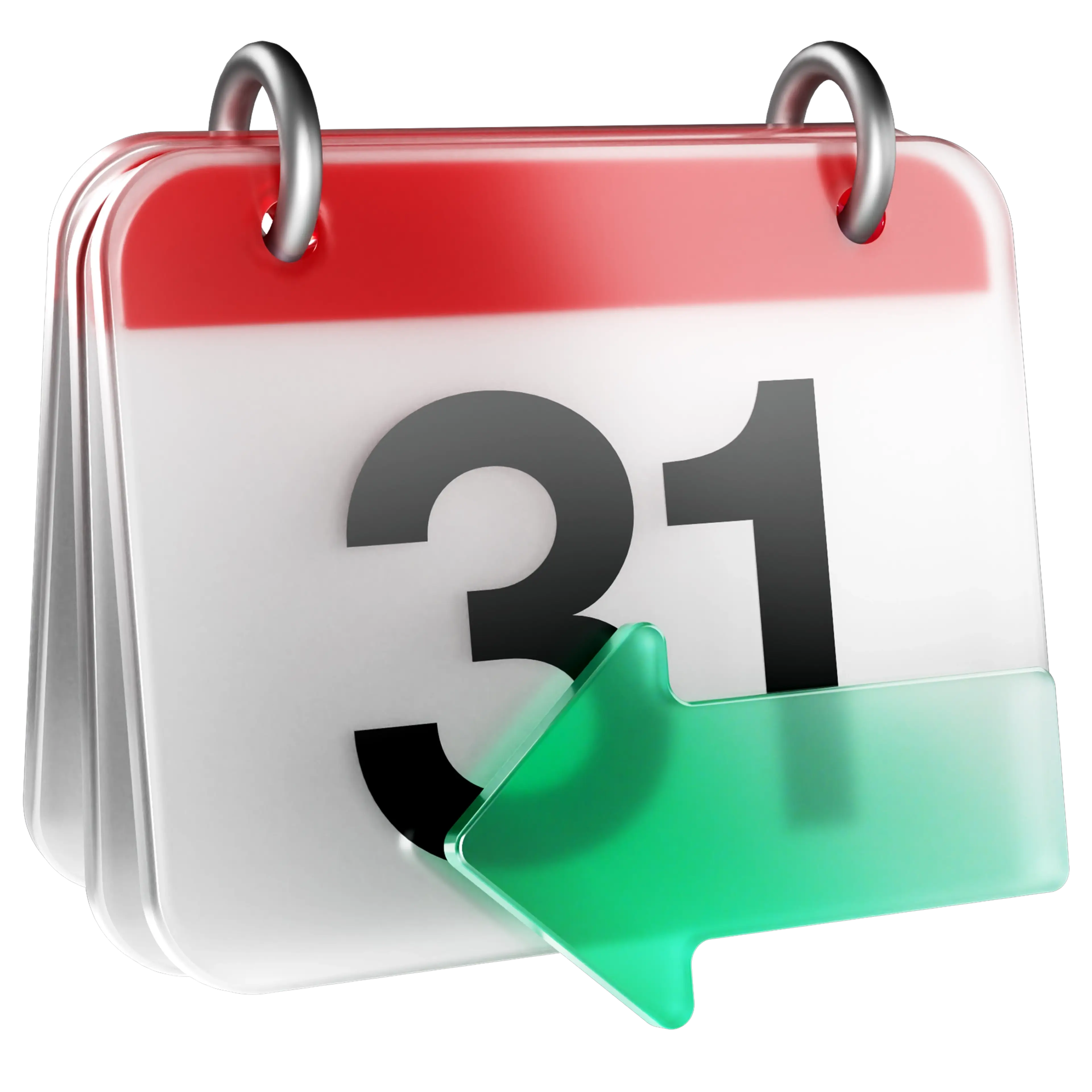3D calendar icon showing the 31st with a red header, silver rings, and a green arrow pointing left.