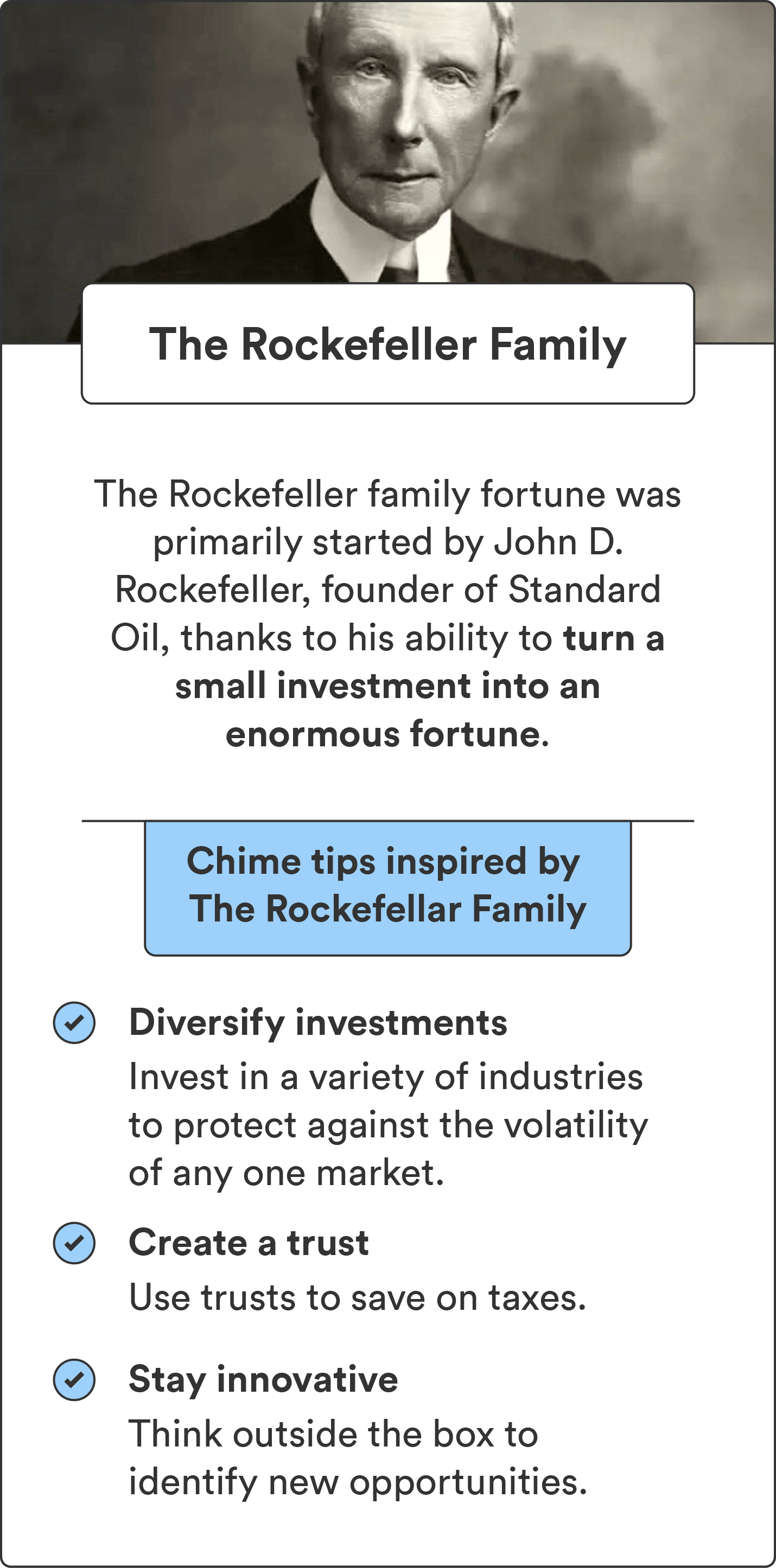 A photo of John D. Rockefeller accompanies a summary of how he built generational wealth and tips for how others can do the same. 