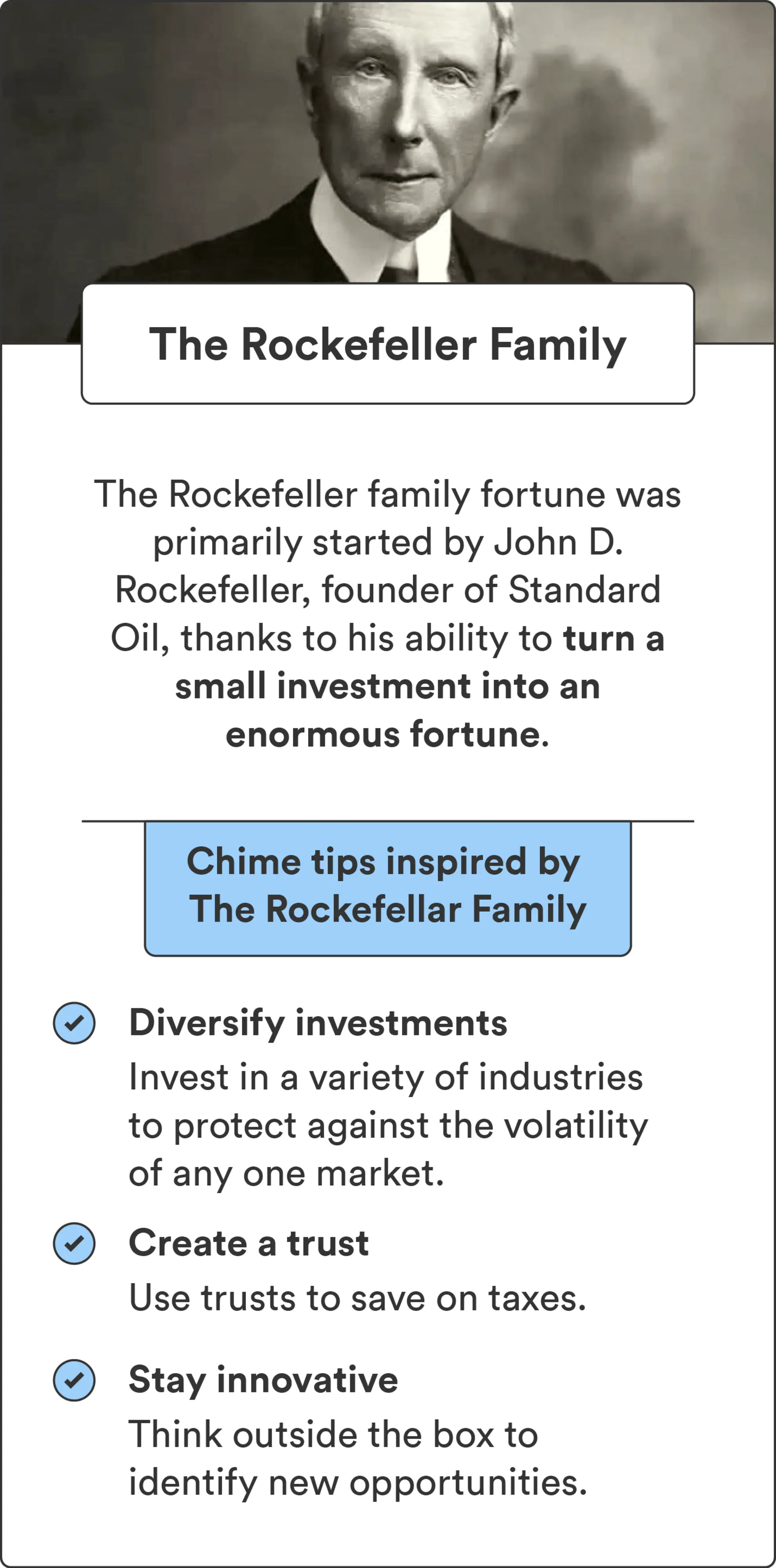 A photo of John D. Rockefeller accompanies a summary of how he built generational wealth and tips for how others can do the same.
