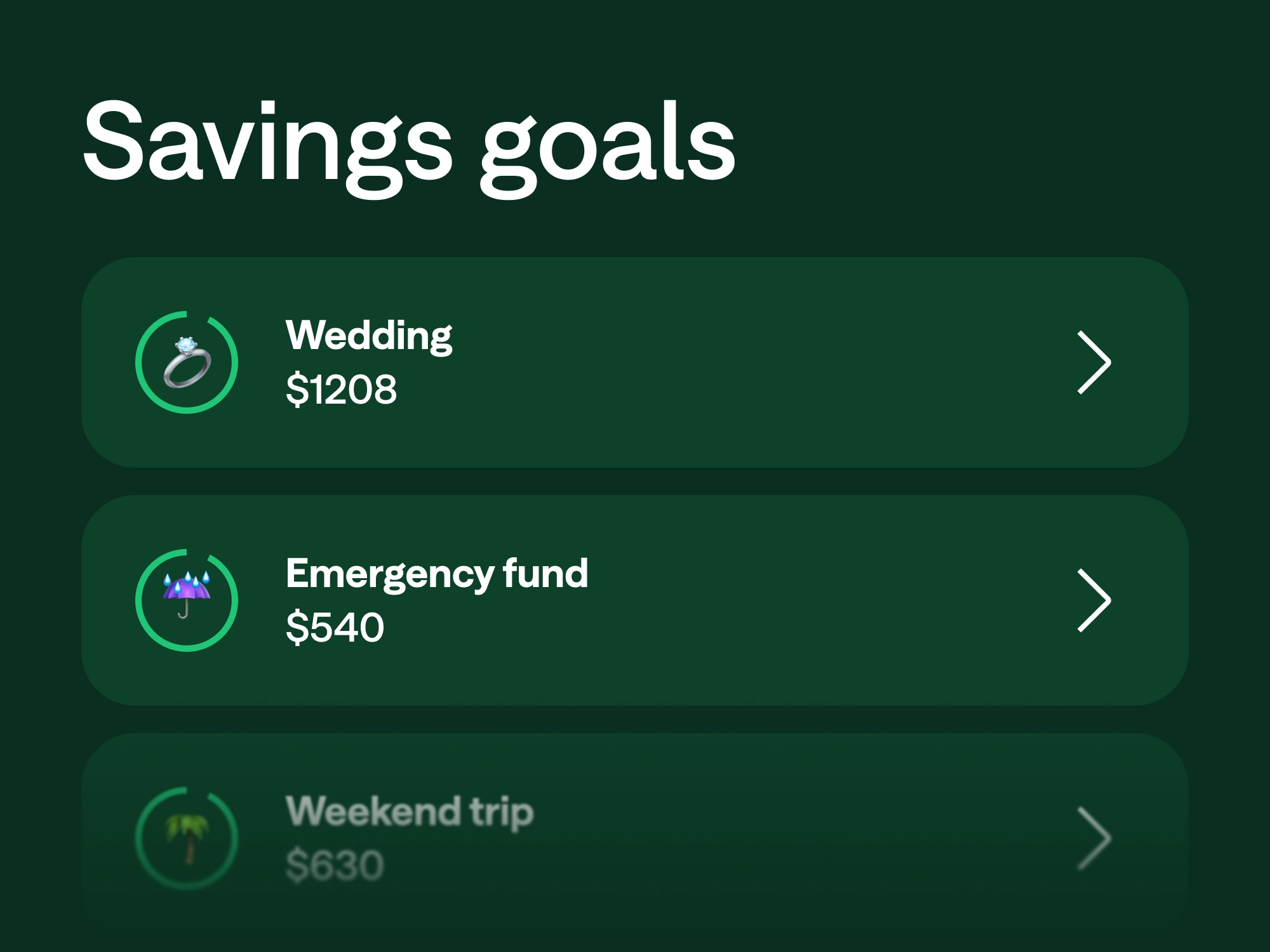 Savings goals screen showing three goals: Wedding $1208, Emergency fund $540, and Weekend trip $630.