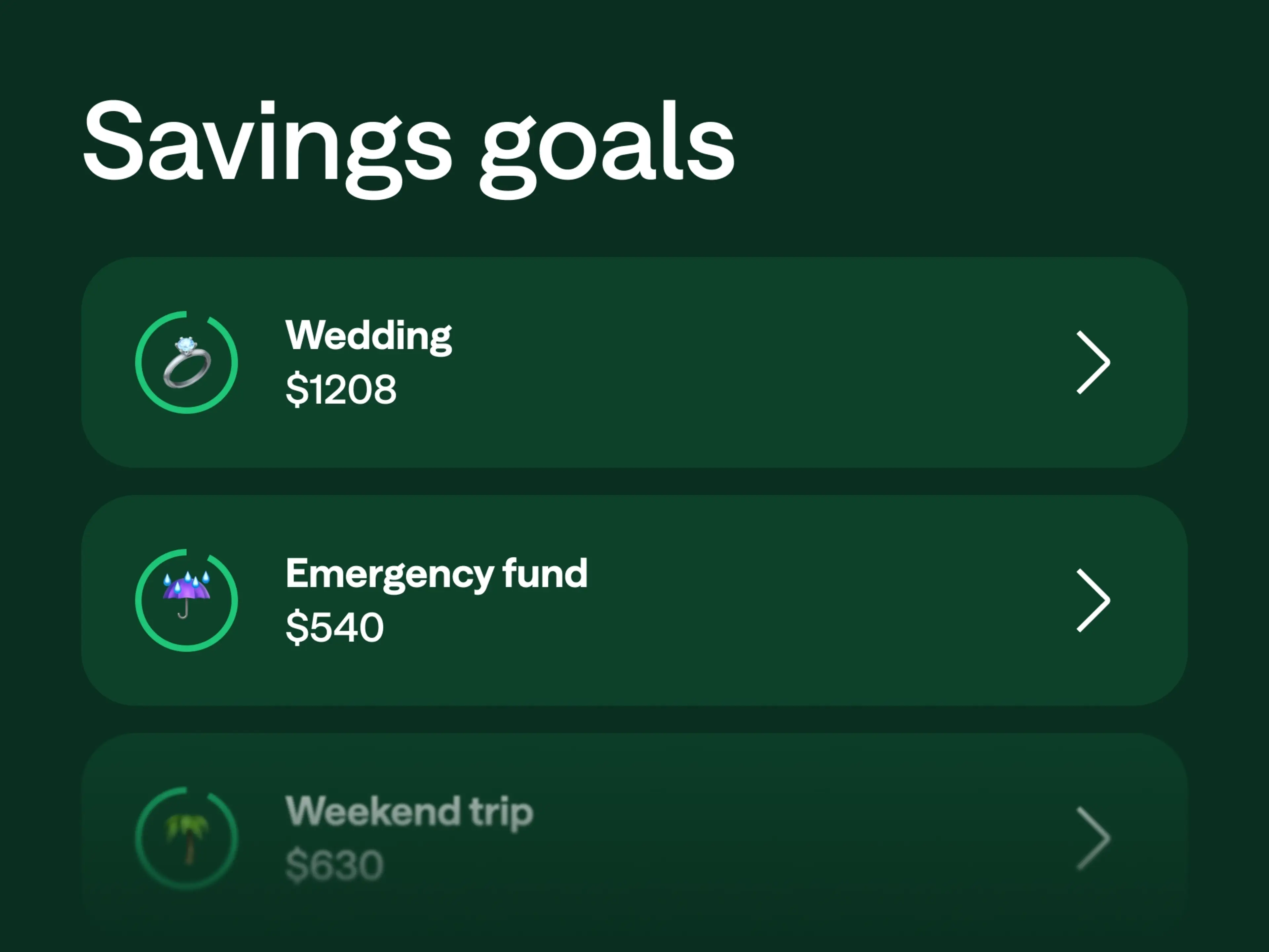 Savings goals screen showing three goals: Wedding $1208, Emergency fund $540, and Weekend trip $630.