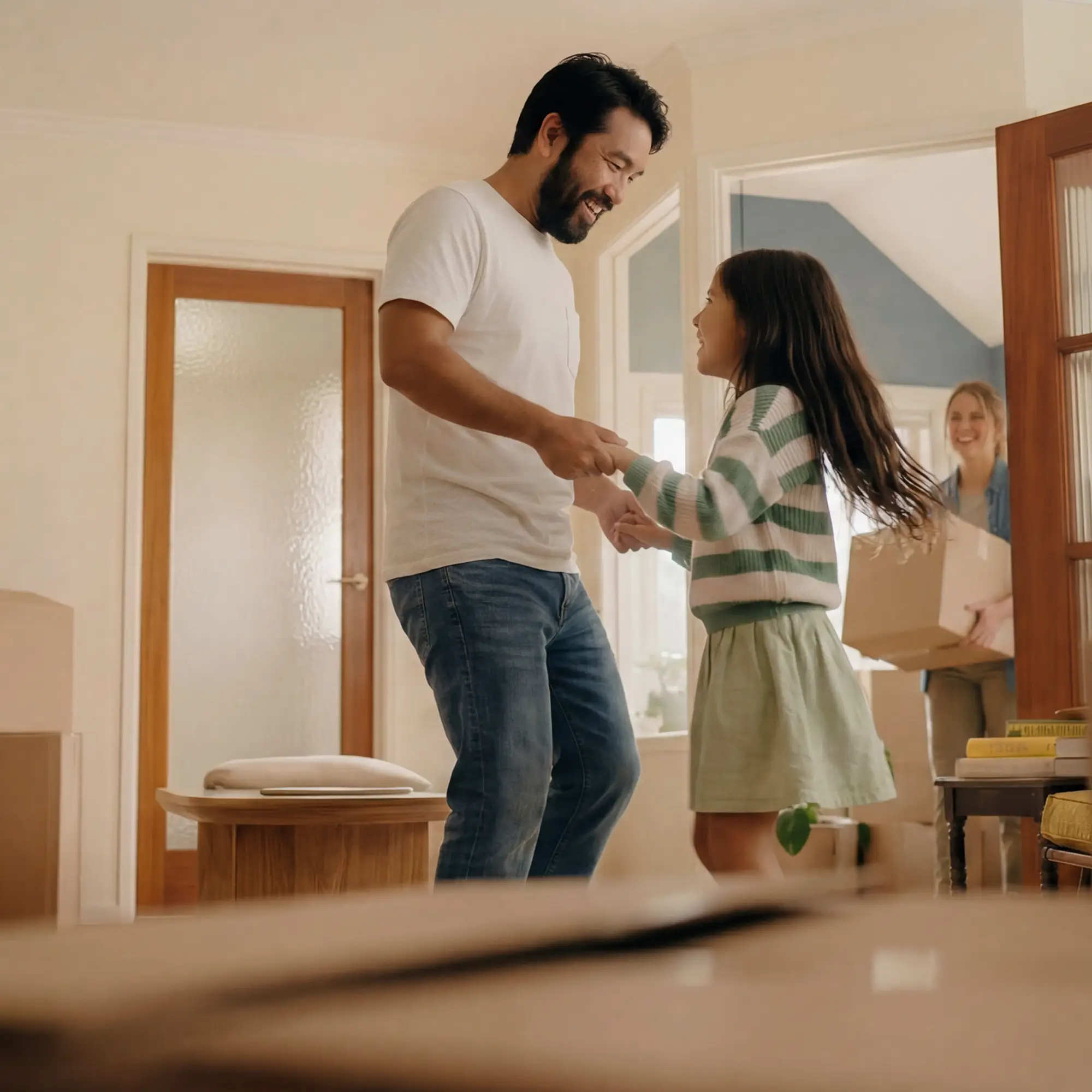 A smiling father in a white t-shirt and jeans dances with his young daughter in a bright, cozy home.