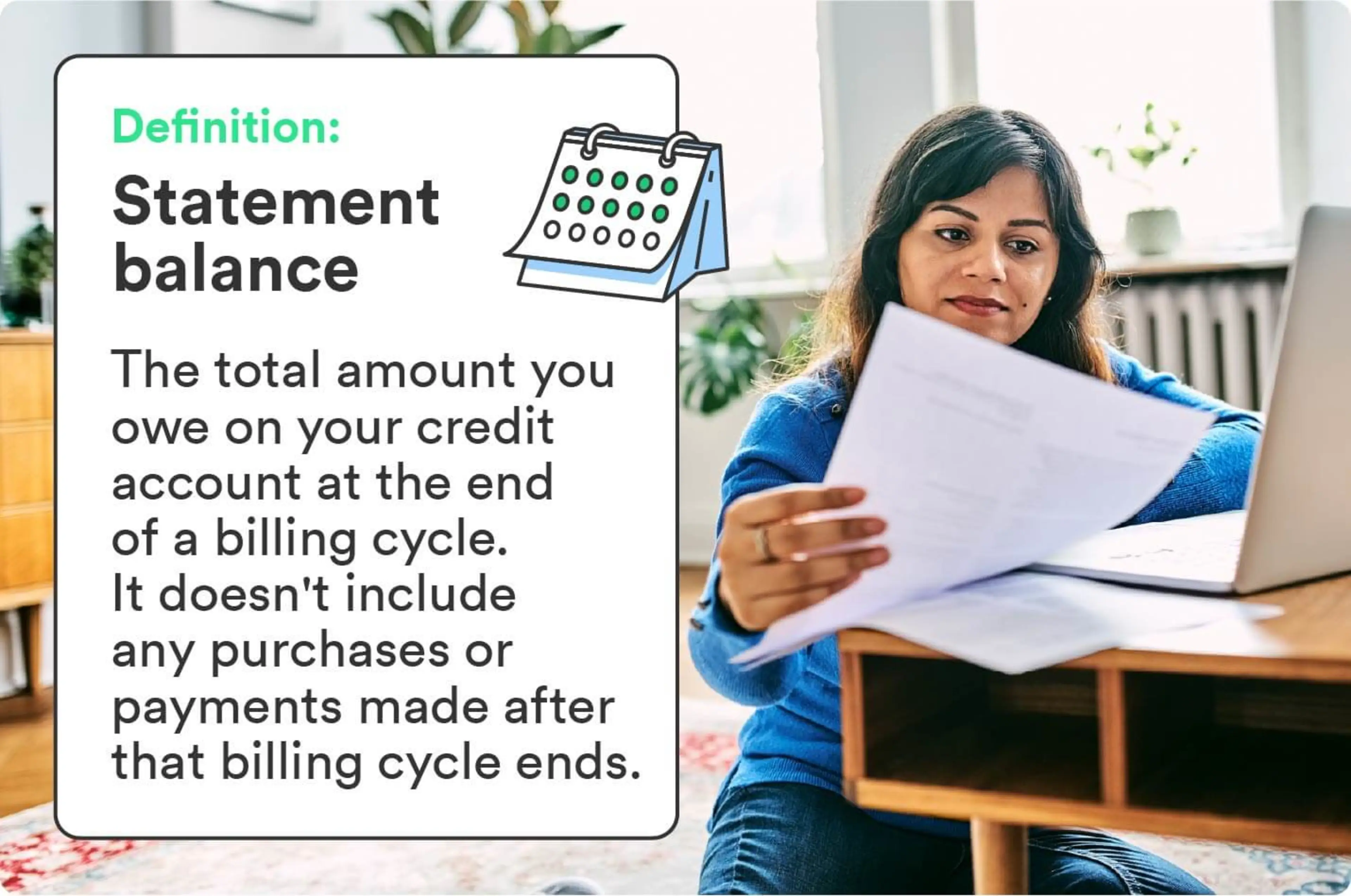 An image of a woman working on her laptop and reviewing her credit card statement accompanies the definition of the term “statement balance”.